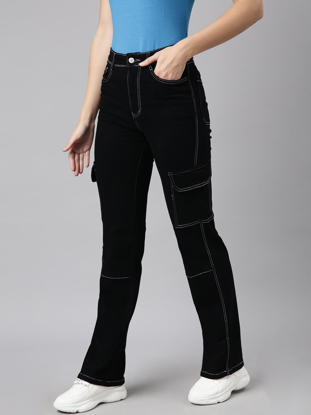Black Straight Fit Stretchable Cargo Jeans