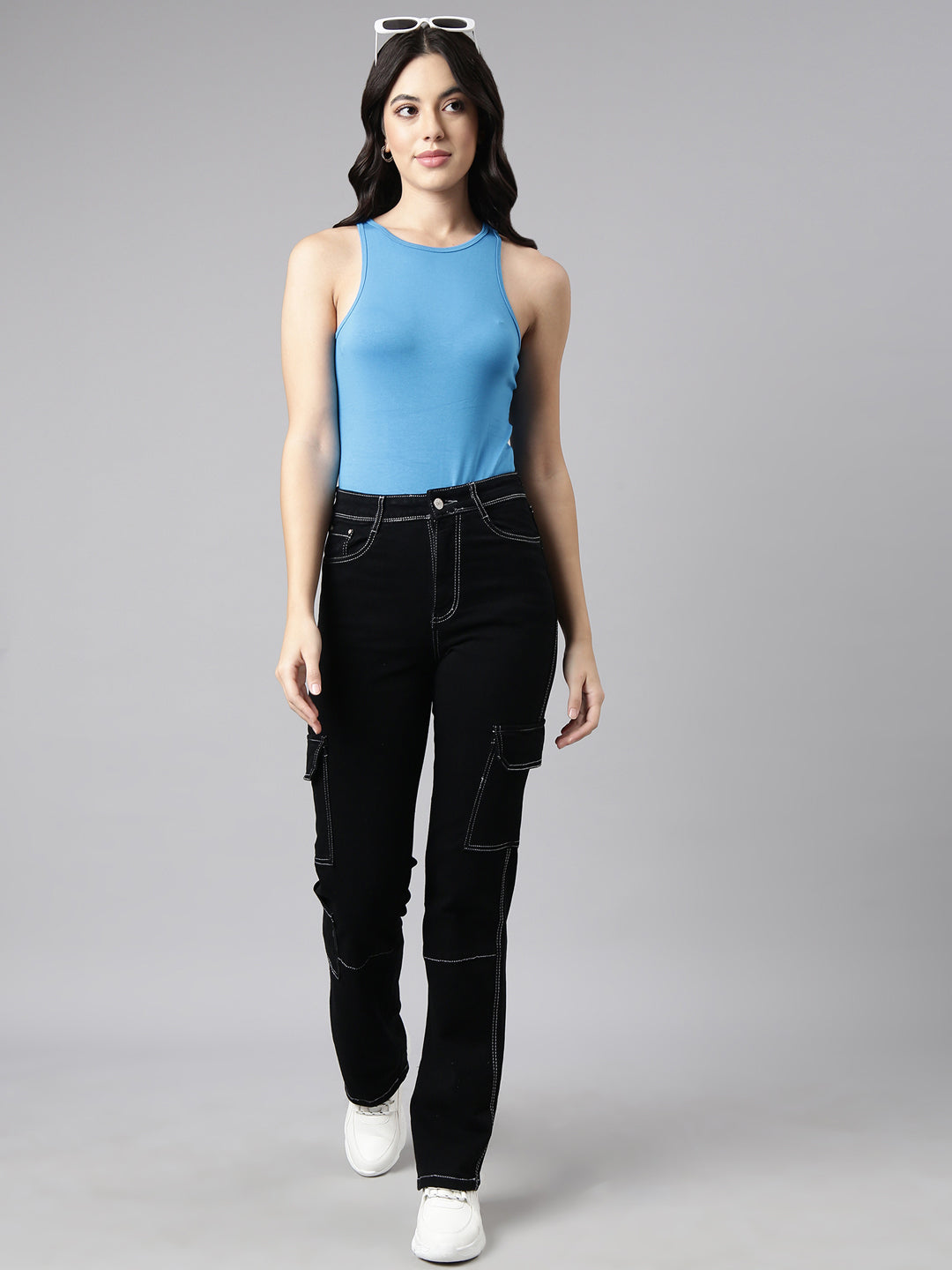 Black Straight Fit Stretchable Cargo Jeans