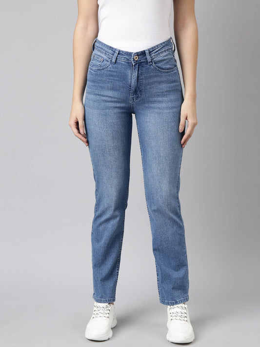 Blue Straight Fit Light Fade & Chevrons Stretchable Jeans