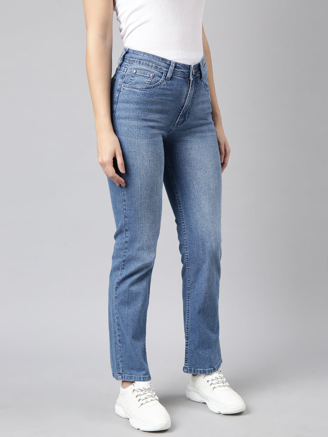 Blue Straight Fit Light Fade & Chevrons Stretchable Jeans