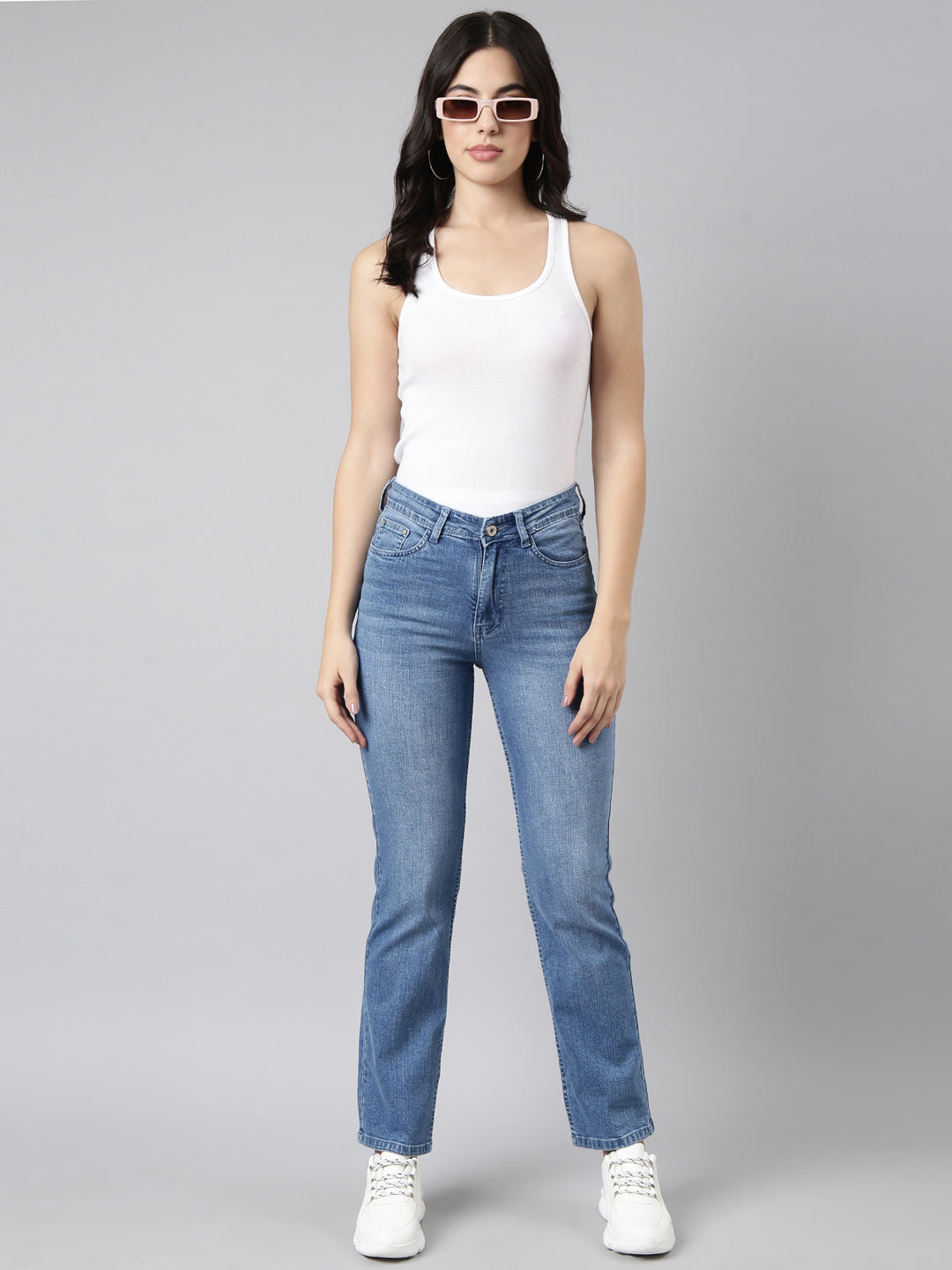 Blue Straight Fit Light Fade & Chevrons Stretchable Jeans