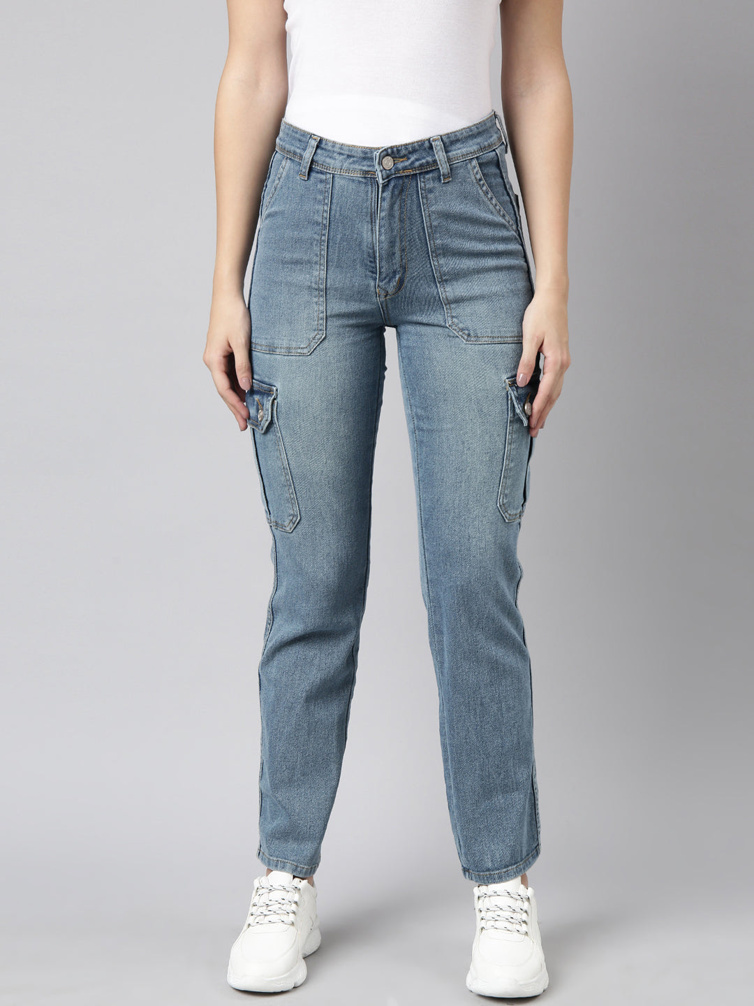 Blue Straight Fit Light Fade Stretchable Denim Cargo Jeans