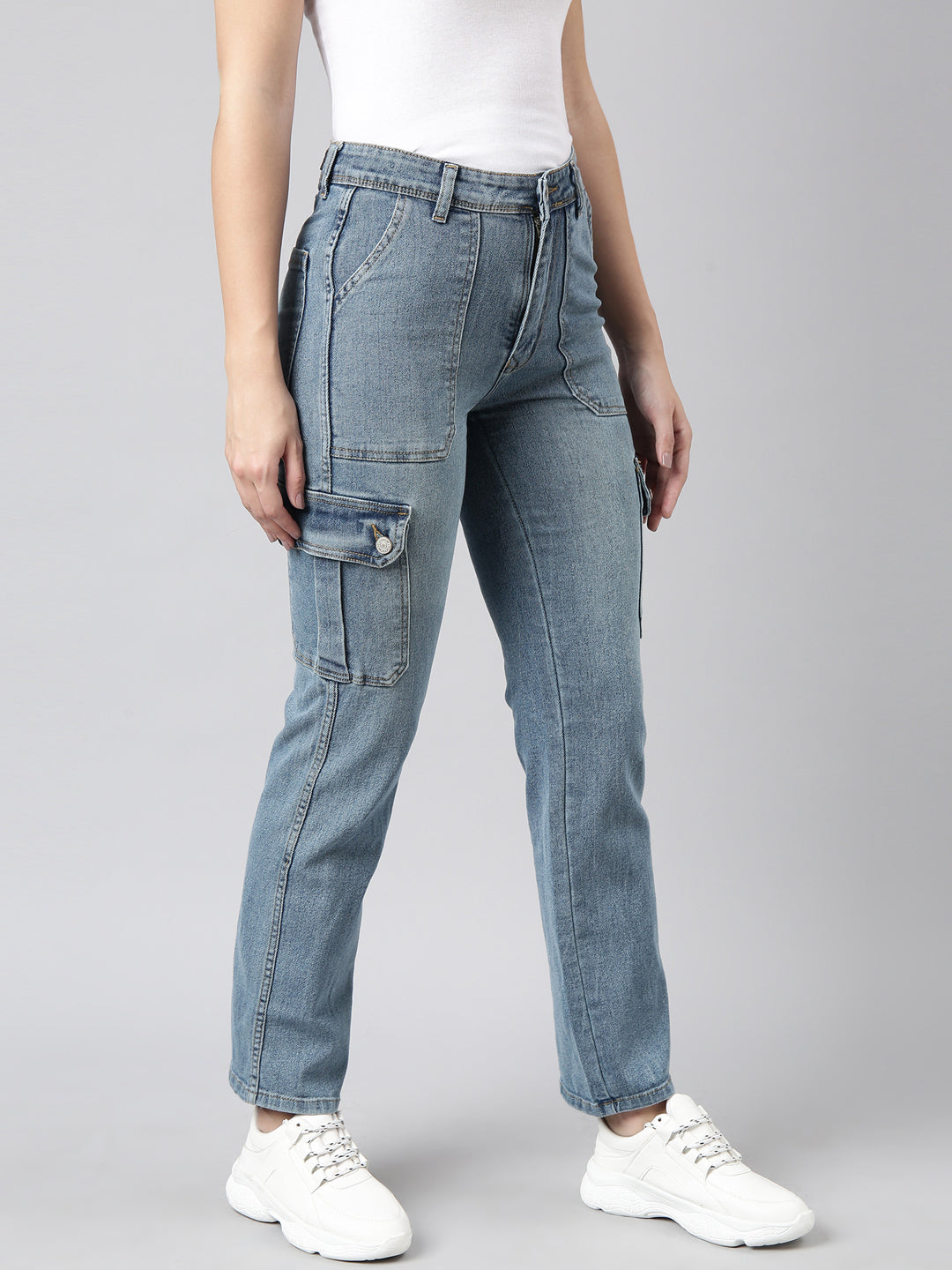 Blue Straight Fit Light Fade Stretchable Denim Cargo Jeans