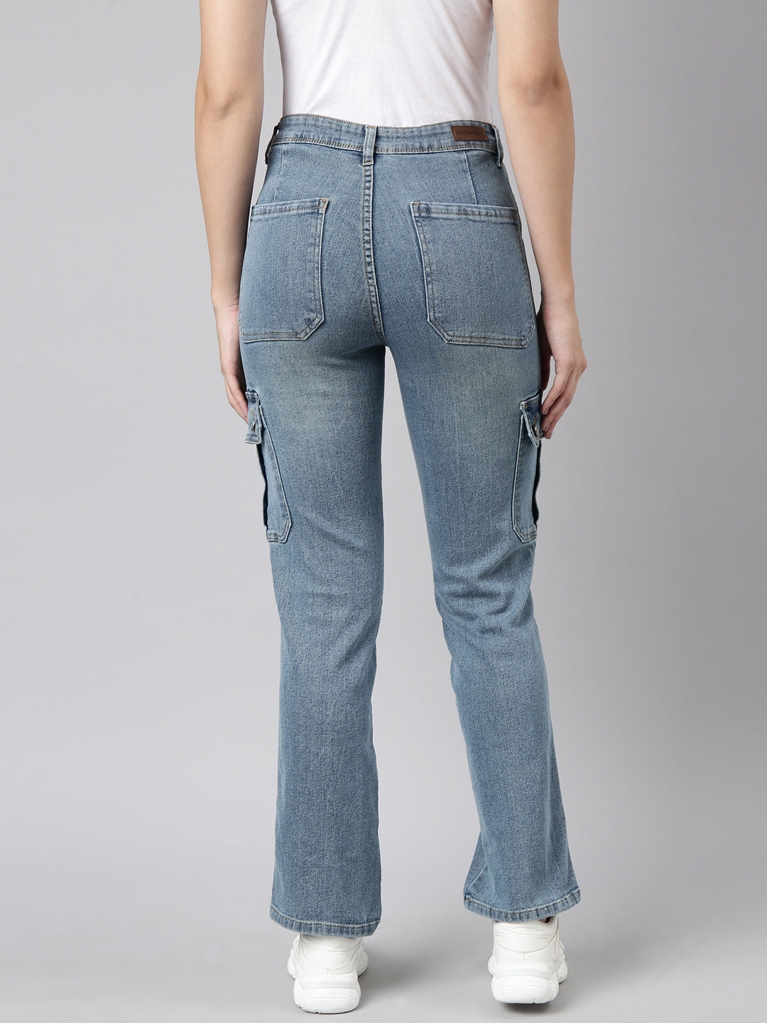 Blue Straight Fit Light Fade Stretchable Denim Cargo Jeans