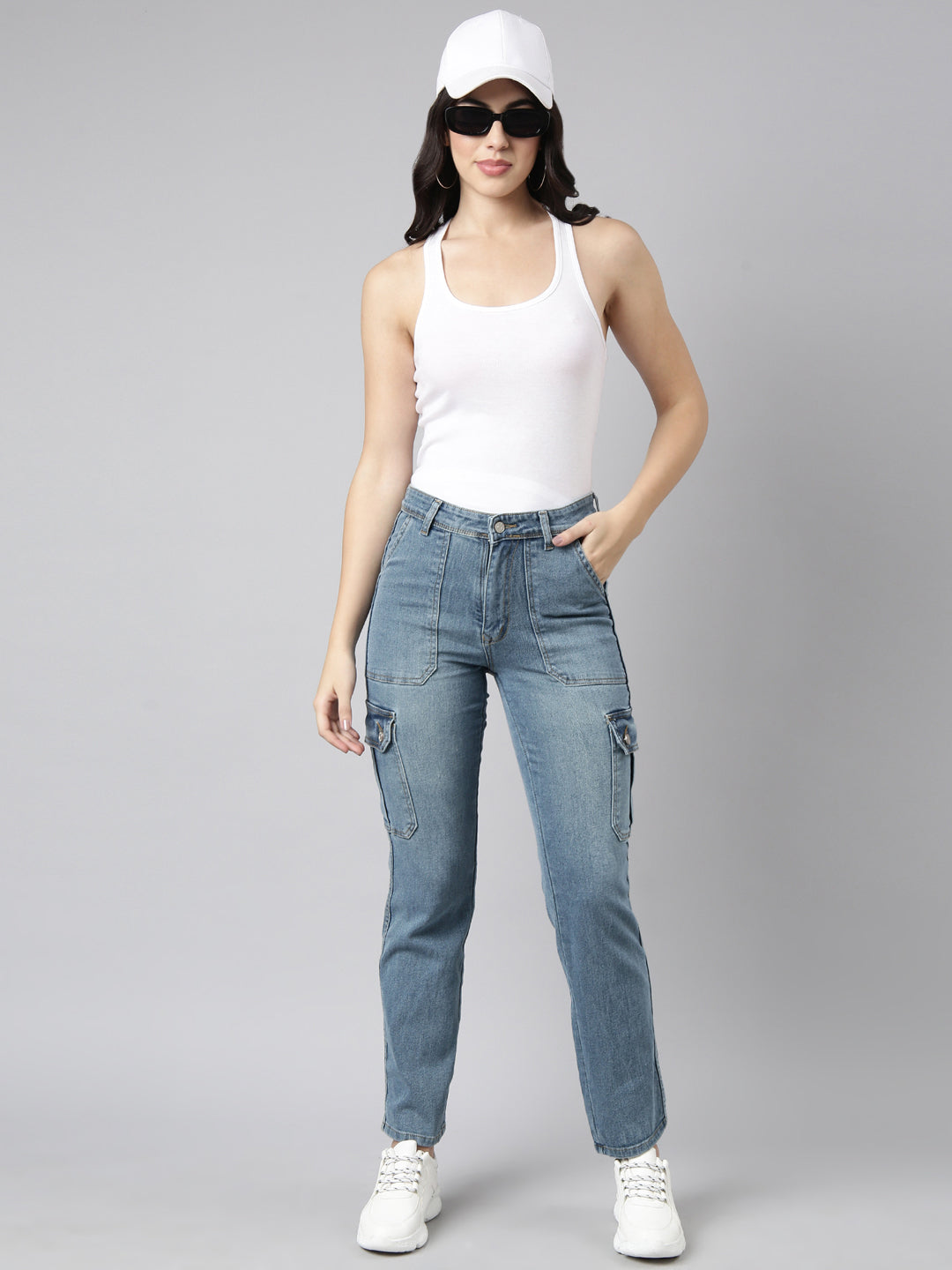 Blue Straight Fit Light Fade Stretchable Denim Cargo Jeans