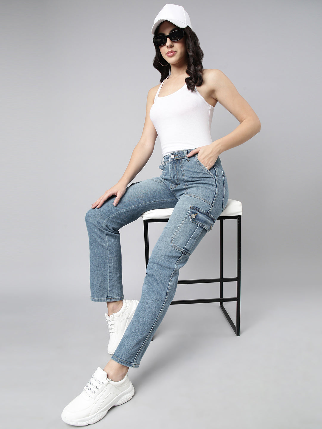 Blue Straight Fit Light Fade Stretchable Denim Cargo Jeans