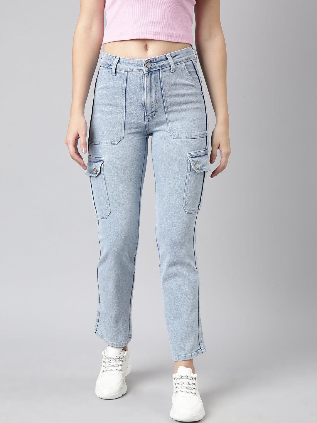 Blue Straight Fit Light Fade Cargo Jeans