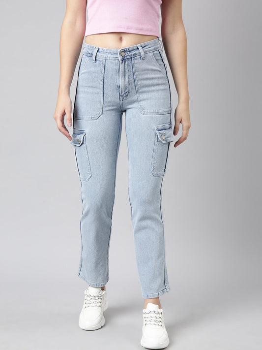 Blue Straight Fit Light Fade Cargo Jeans