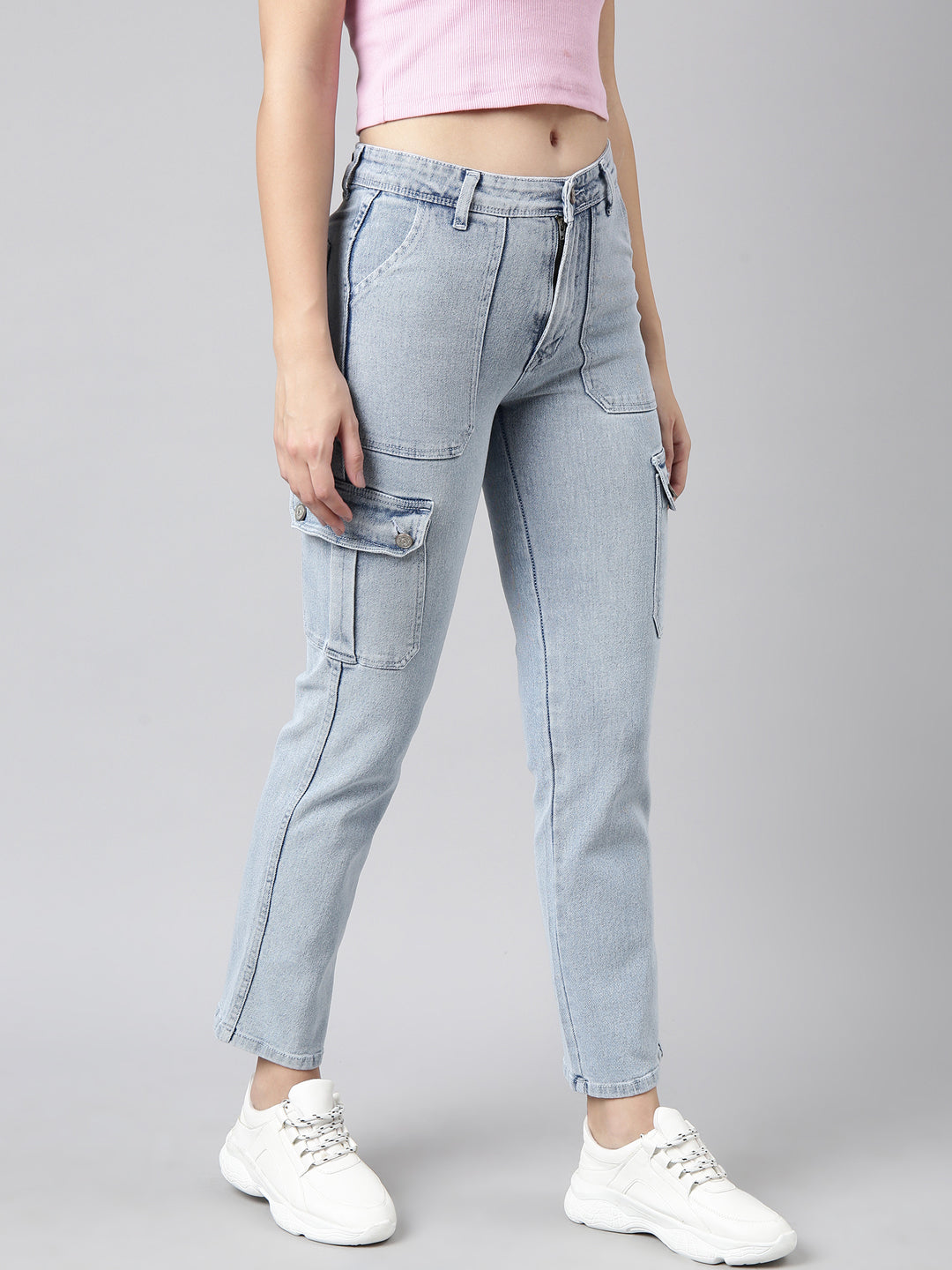Blue Straight Fit Light Fade Cargo Jeans