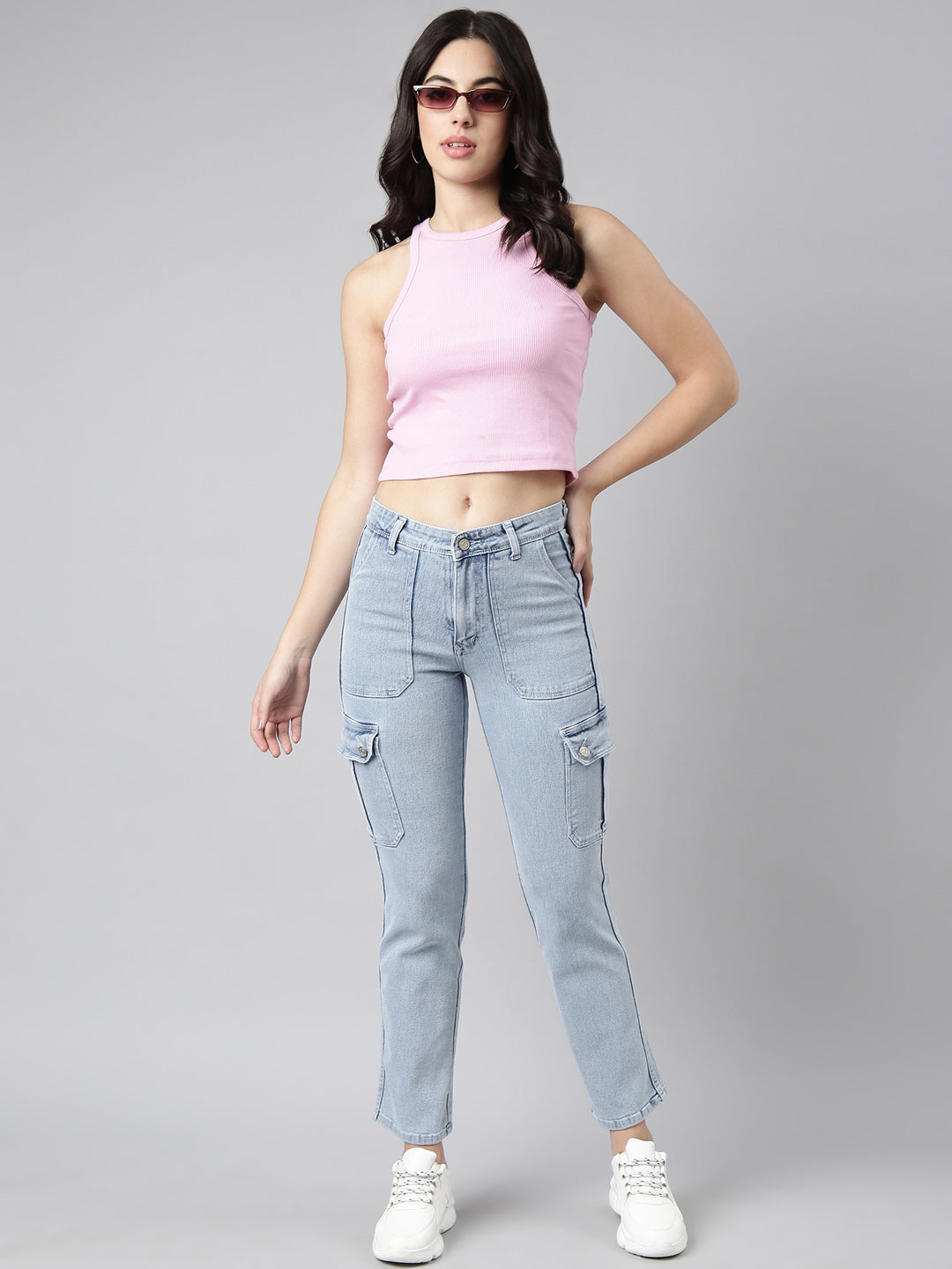 Blue Straight Fit Light Fade Cargo Jeans