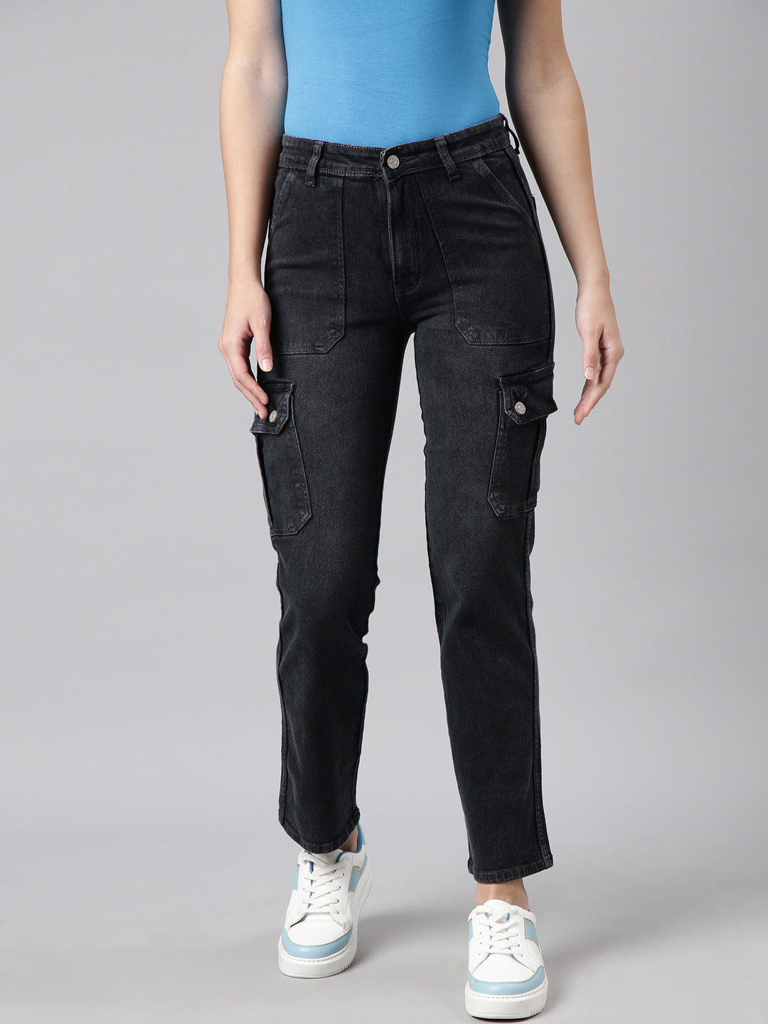 Charcoal Straight Fit Light Fade Cargo Jeans