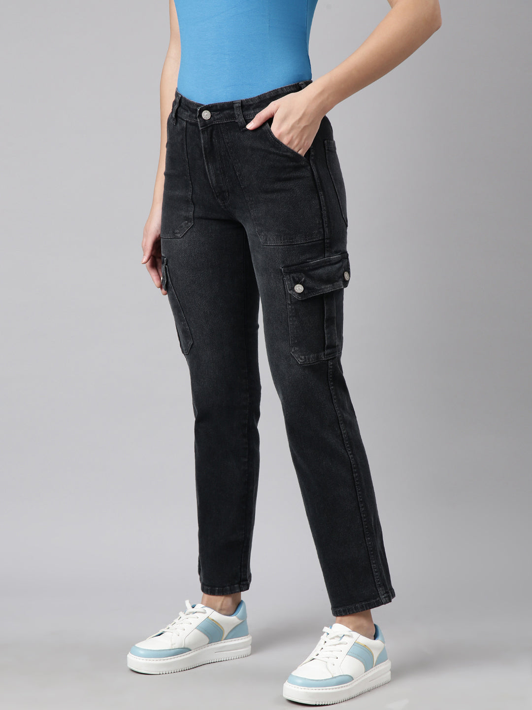 Charcoal Straight Fit Light Fade Cargo Jeans