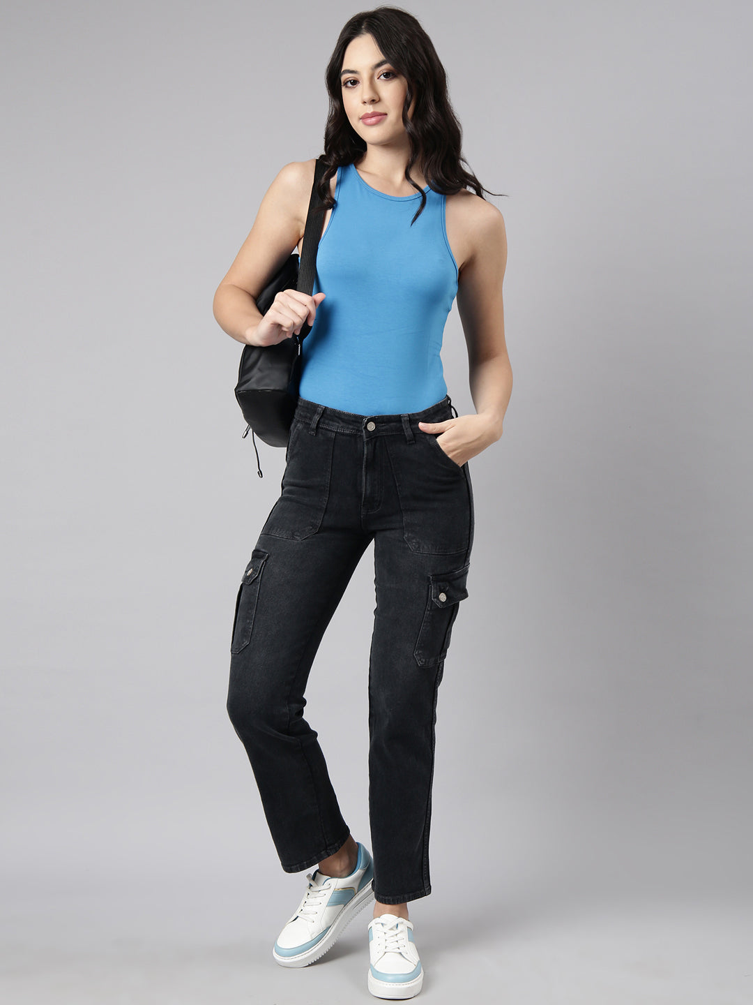 Charcoal Straight Fit Light Fade Cargo Jeans