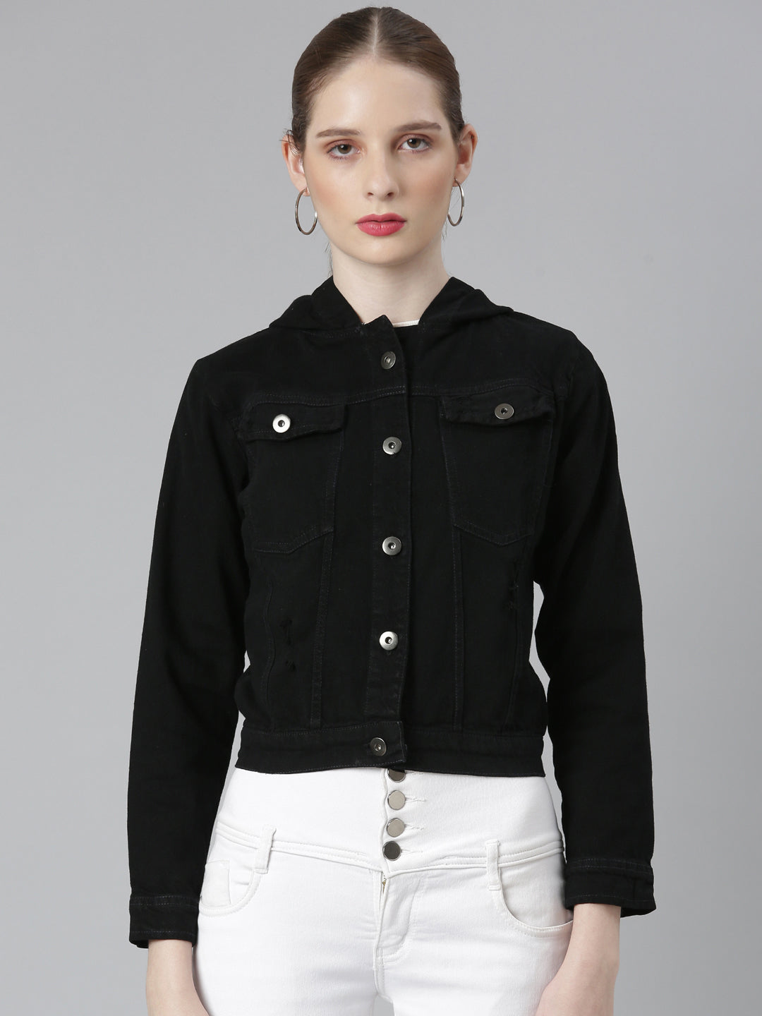 Black Spread Collar Cotton Denim Jacket