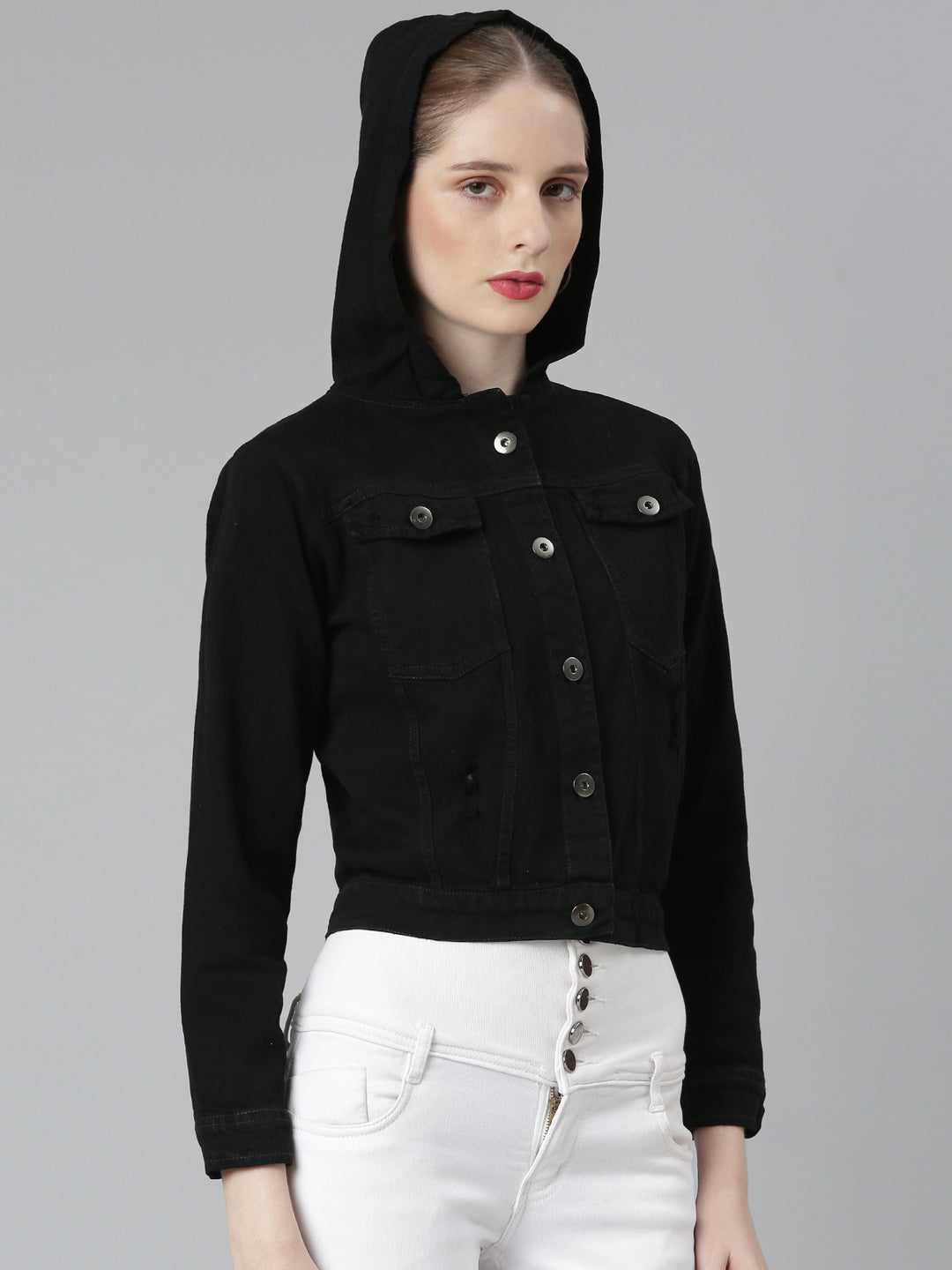 Black Spread Collar Cotton Denim Jacket