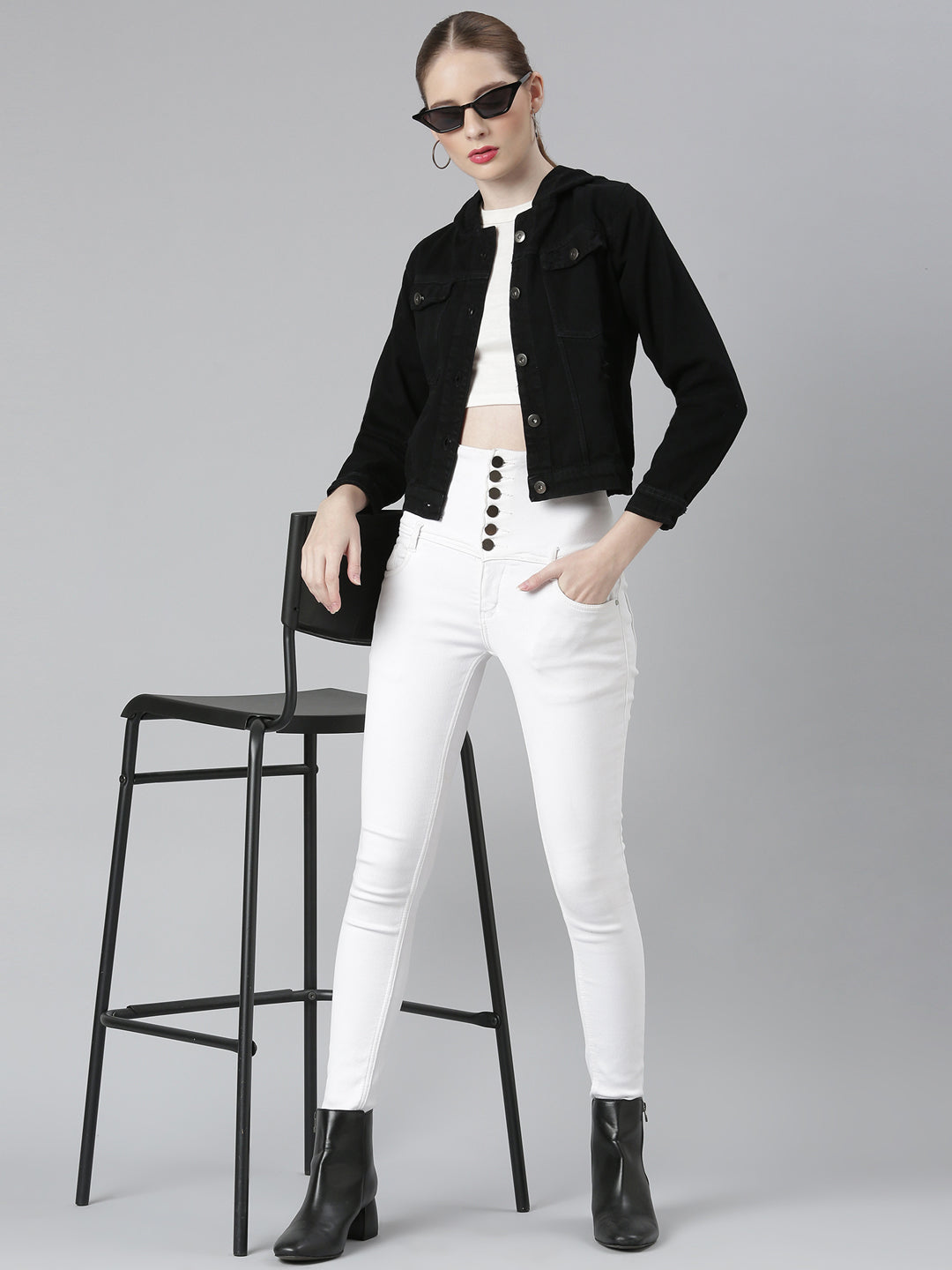 Black Spread Collar Cotton Denim Jacket
