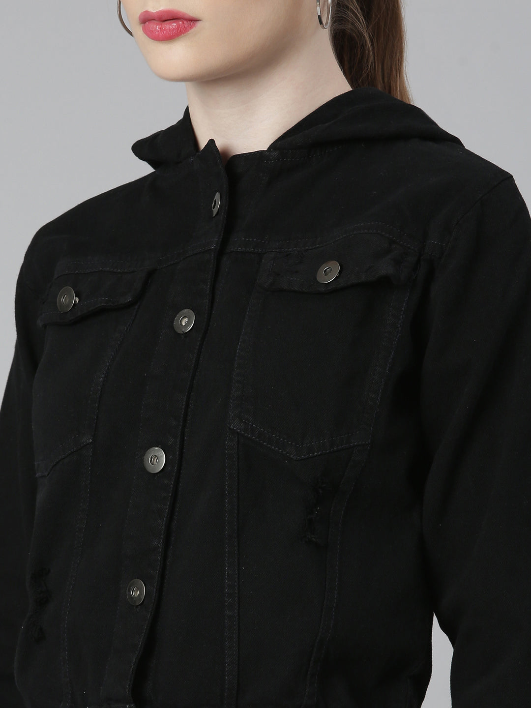 Black Spread Collar Cotton Denim Jacket