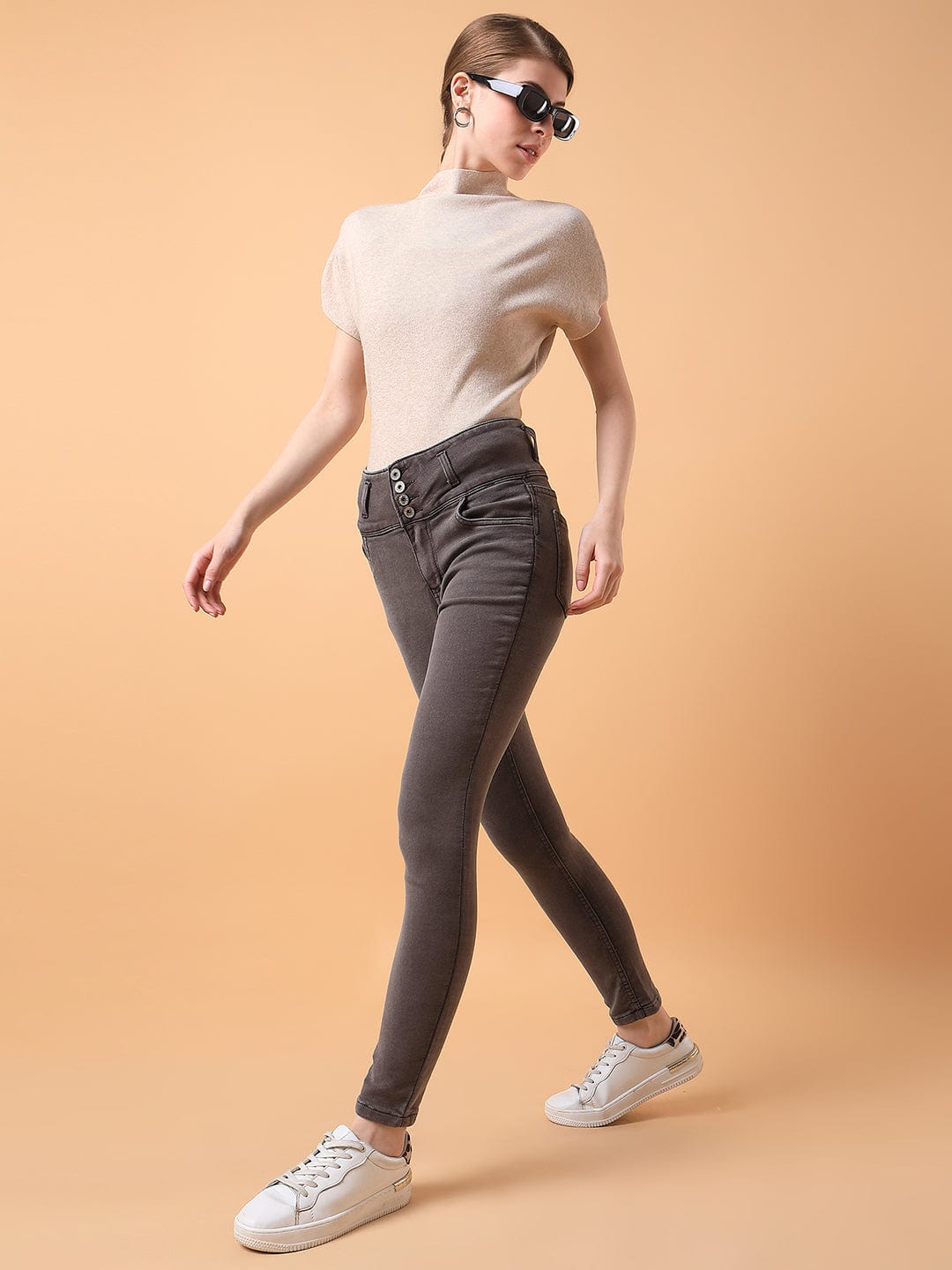 Brown Straight Fit High-Rise Stretchable Jeans