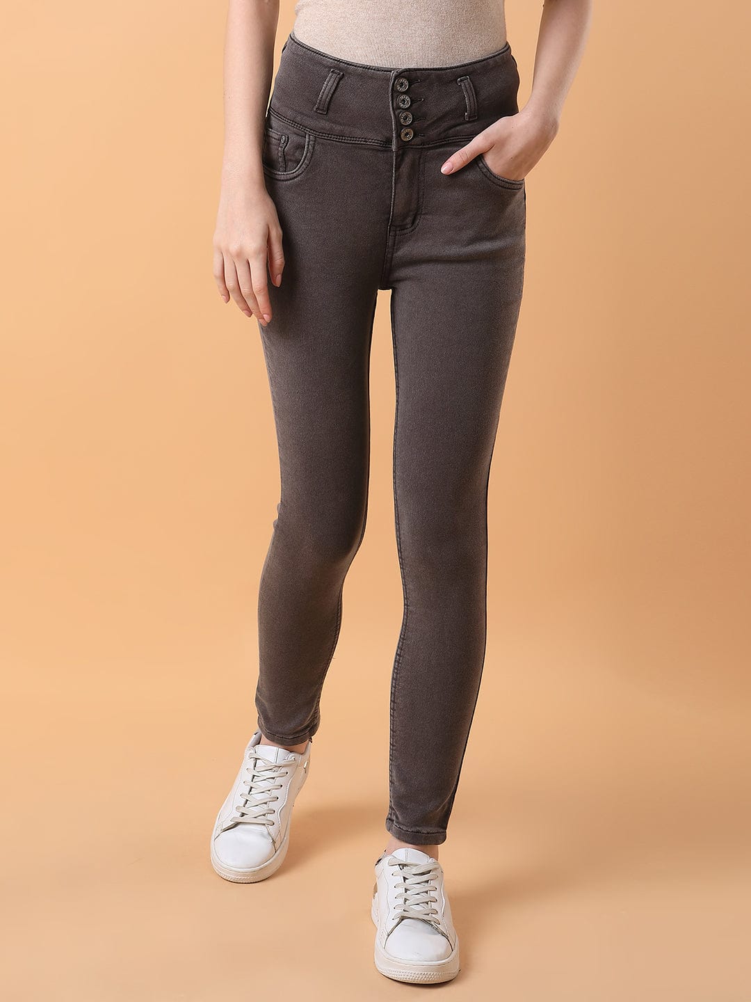 Brown Straight Fit High-Rise Stretchable Jeans