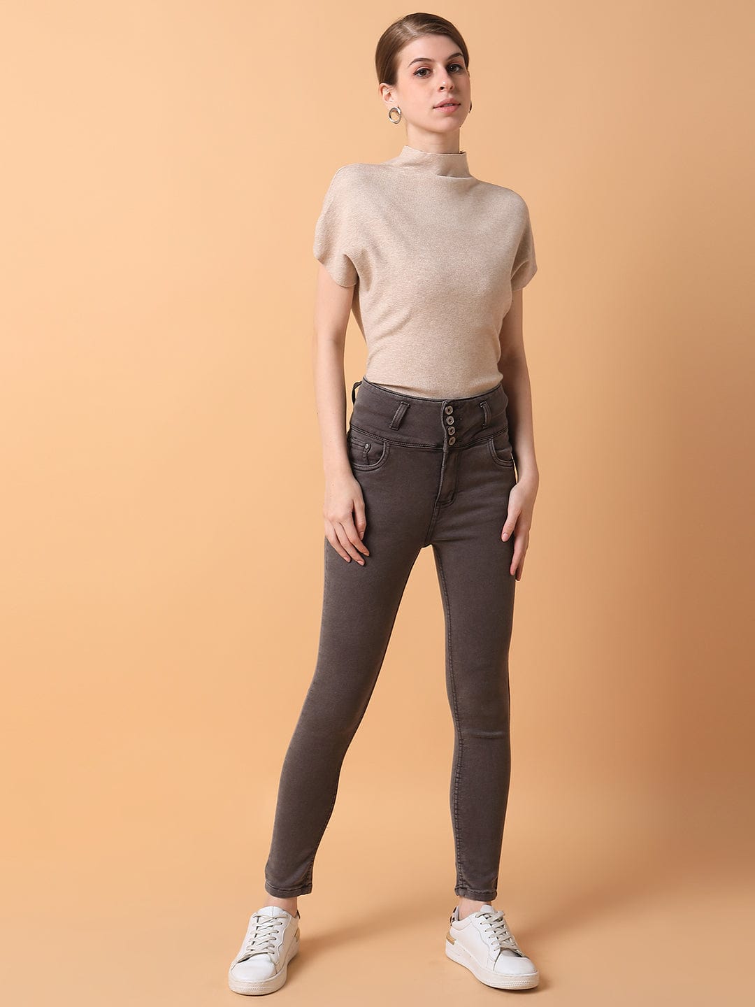 Brown Straight Fit High-Rise Stretchable Jeans