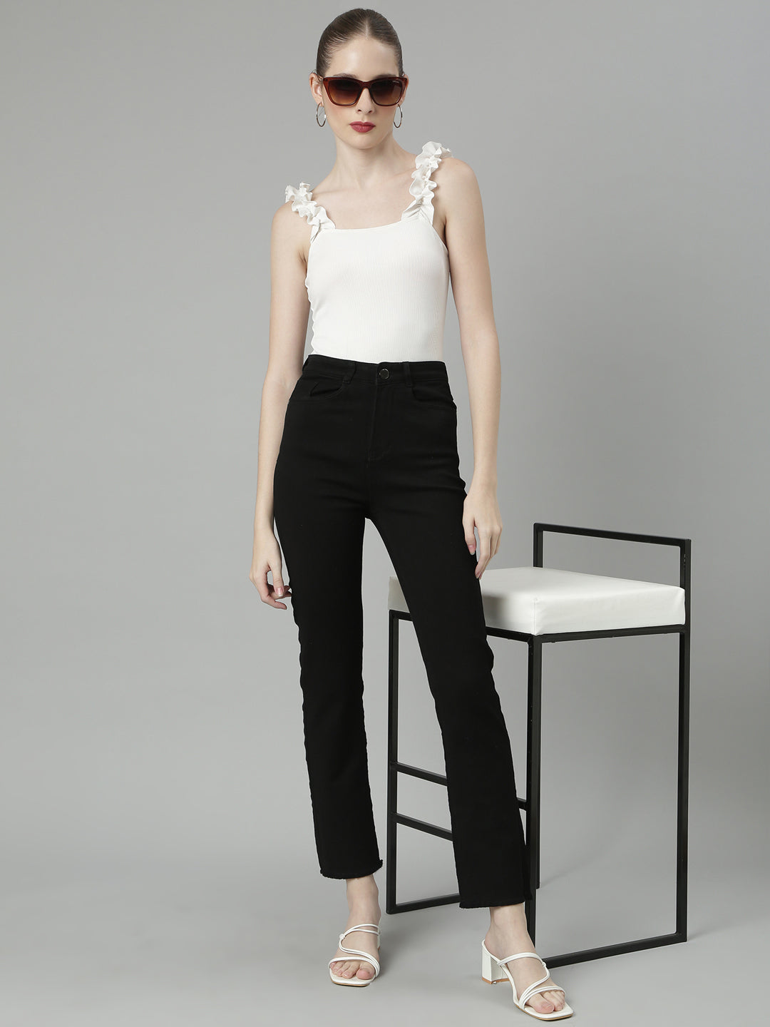 Black Jean Straight Fit Mid-Rise Cropped Stretchable Jeans