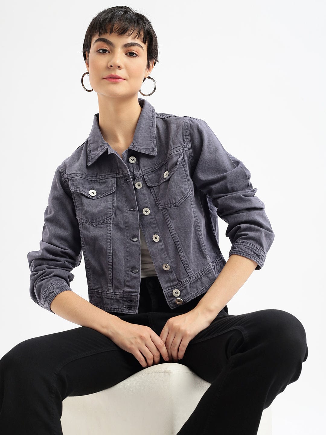 Charcoal Windcheater and Water Resistant Crop Denim Jacket