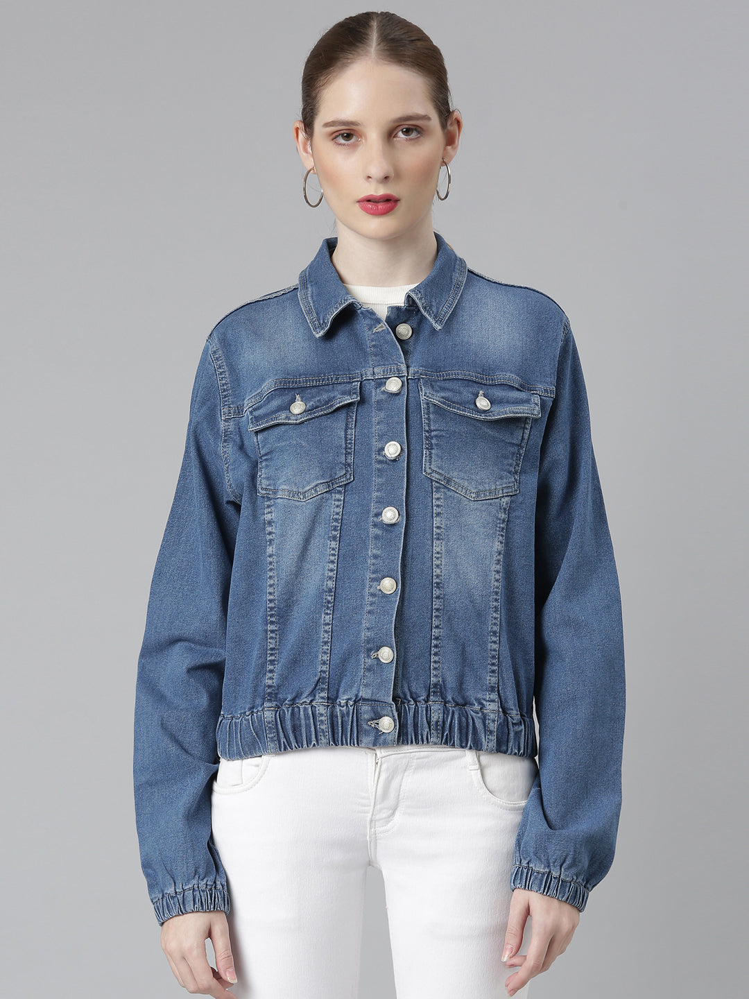 Blue Spread Collar Crop Denim Jacket