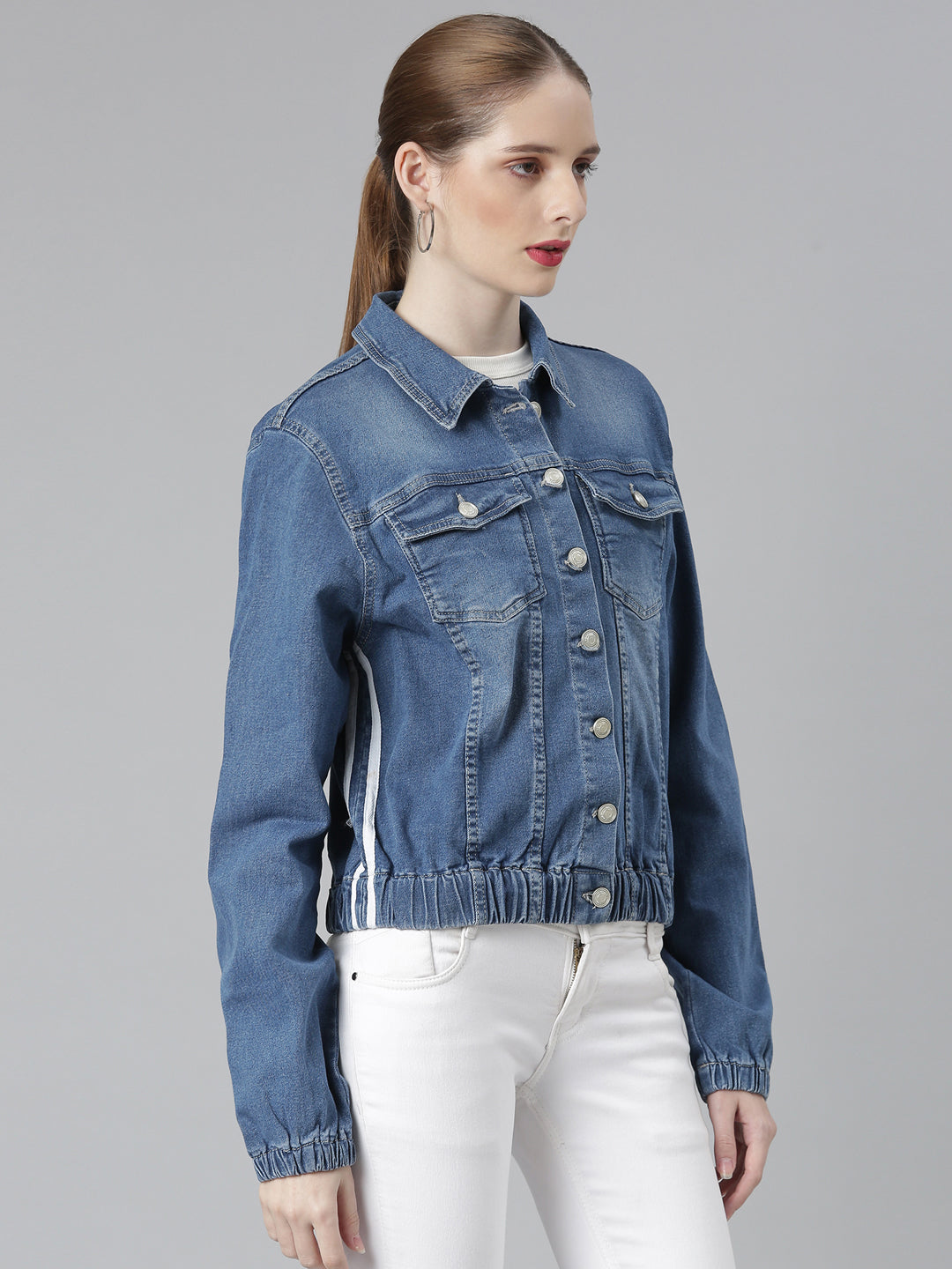 Blue Spread Collar Crop Denim Jacket