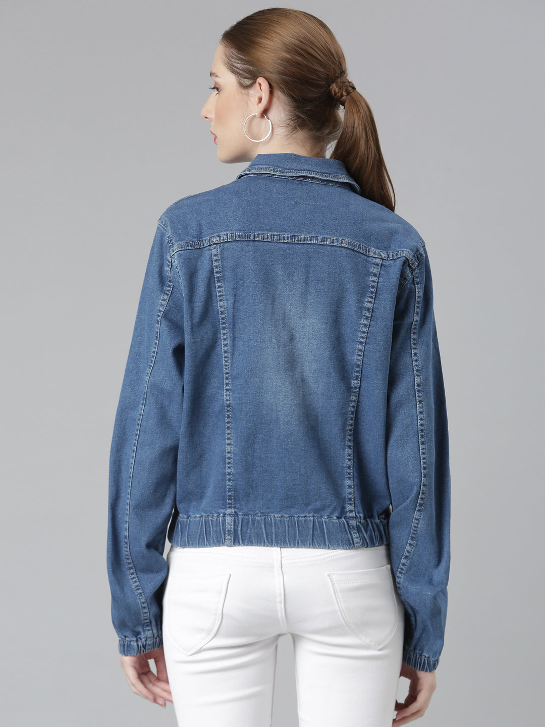 Blue Spread Collar Crop Denim Jacket