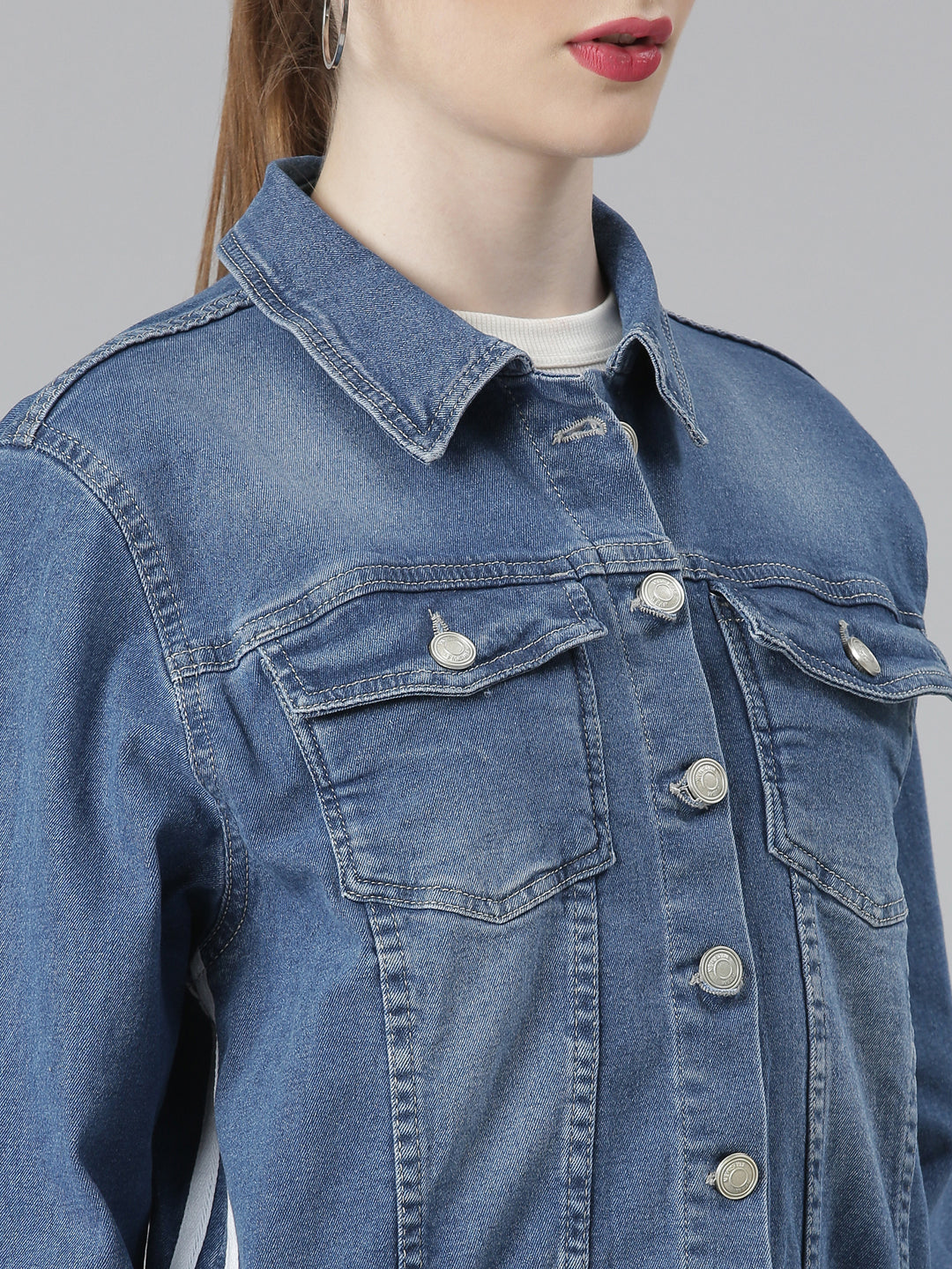 Blue Spread Collar Crop Denim Jacket