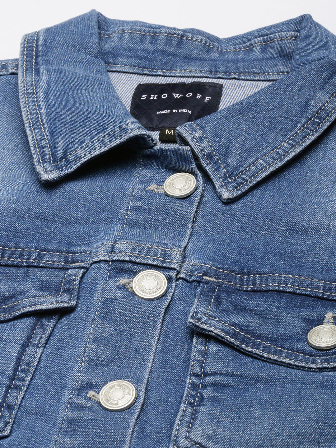 Blue Spread Collar Crop Denim Jacket