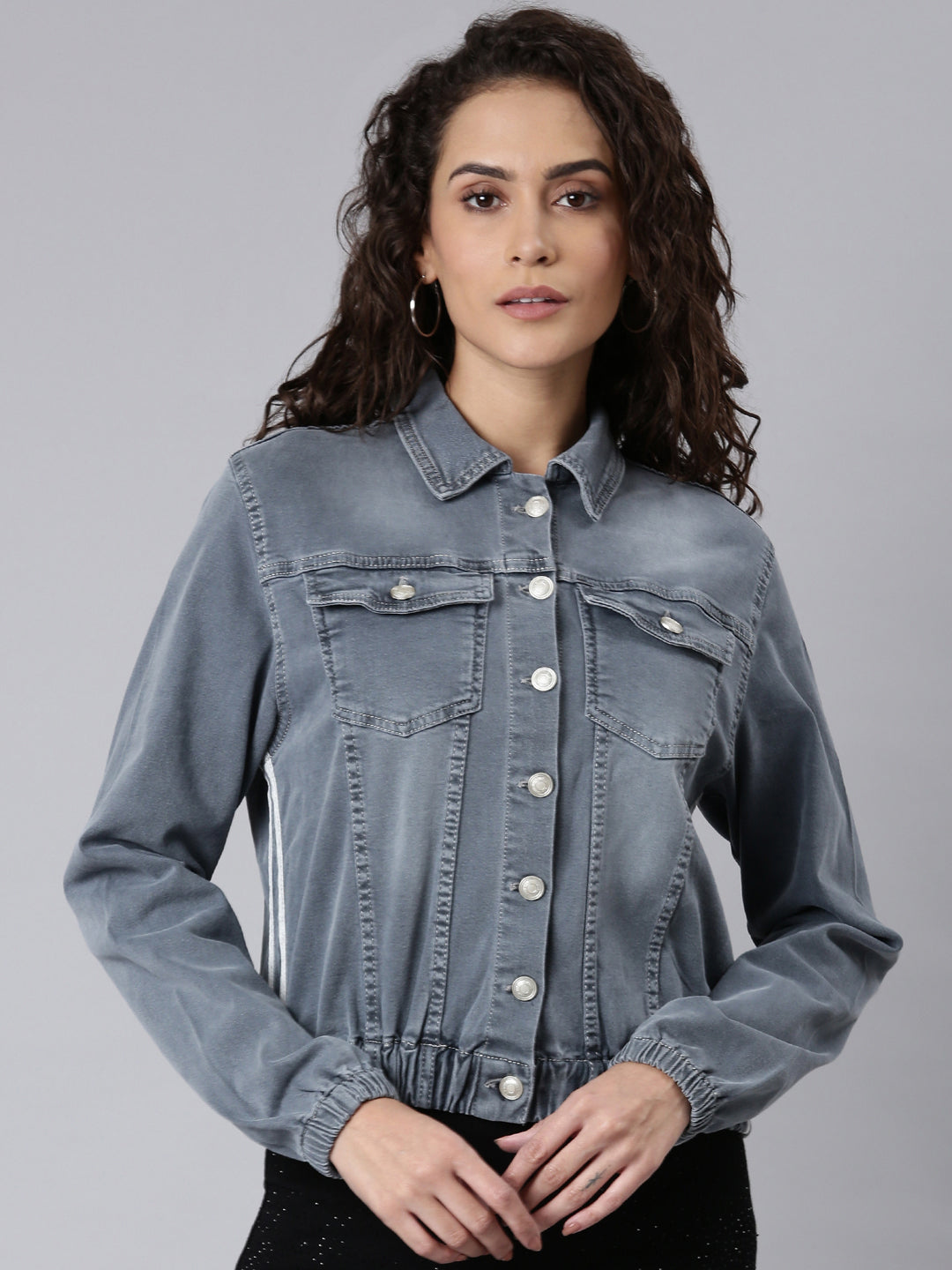 Grey Shirt Collar Denim Jacket
