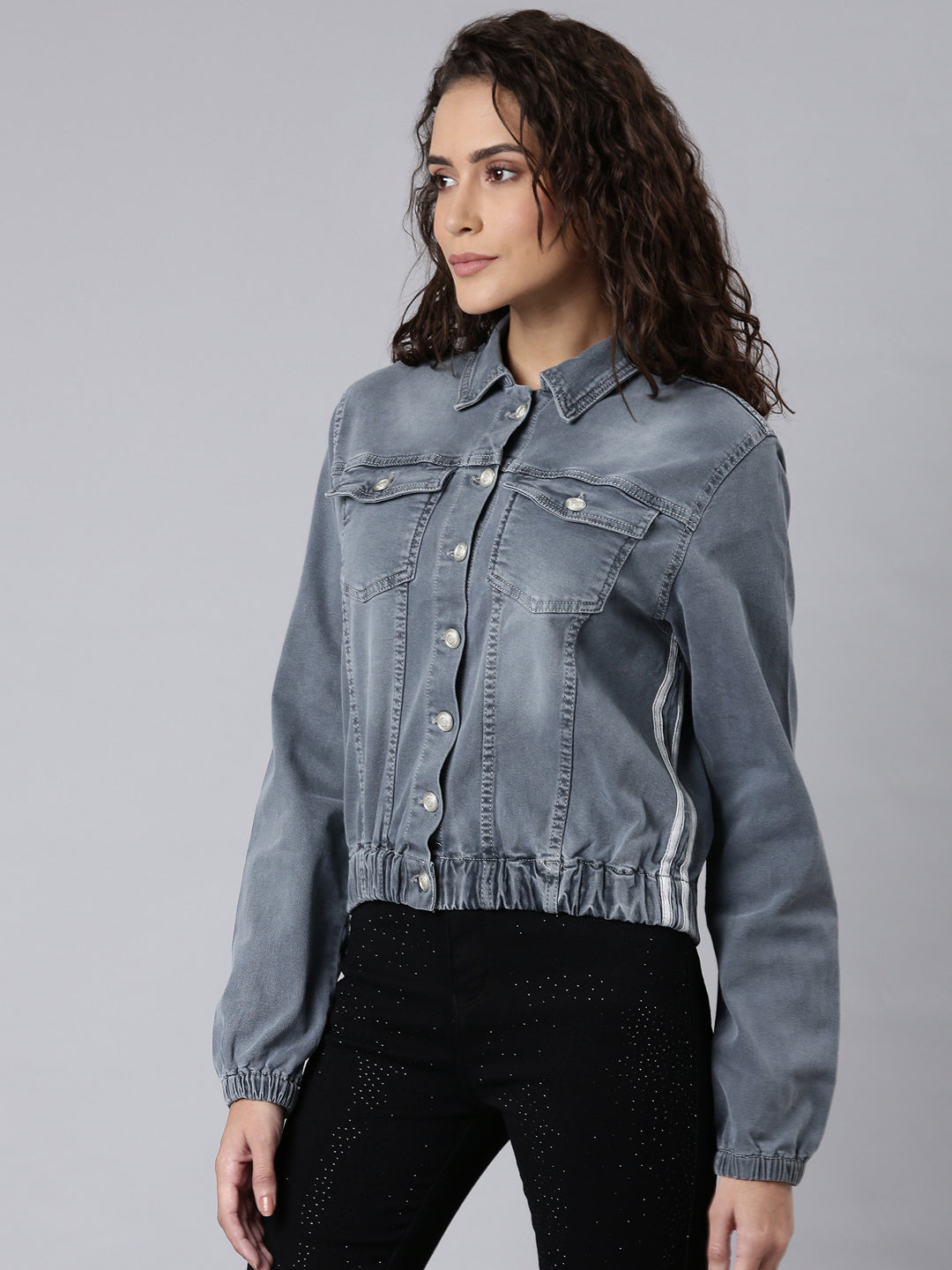 Grey Shirt Collar Denim Jacket