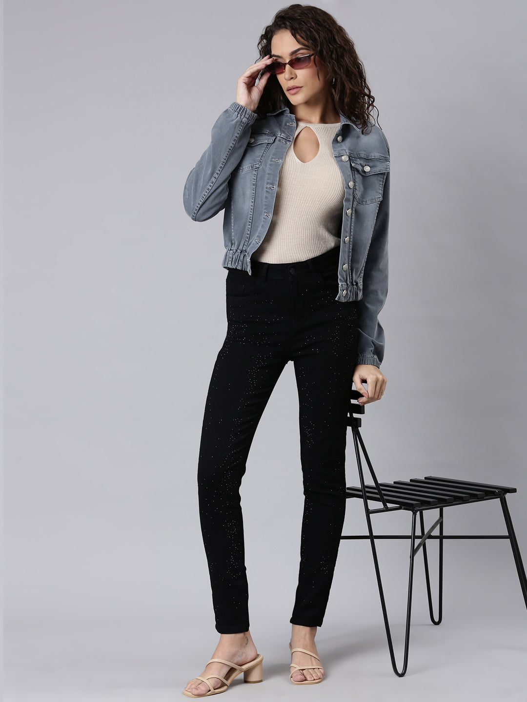 Grey Shirt Collar Denim Jacket