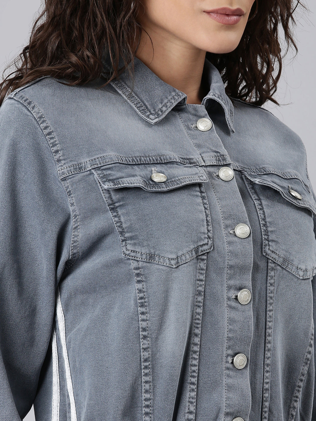 Grey Shirt Collar Denim Jacket