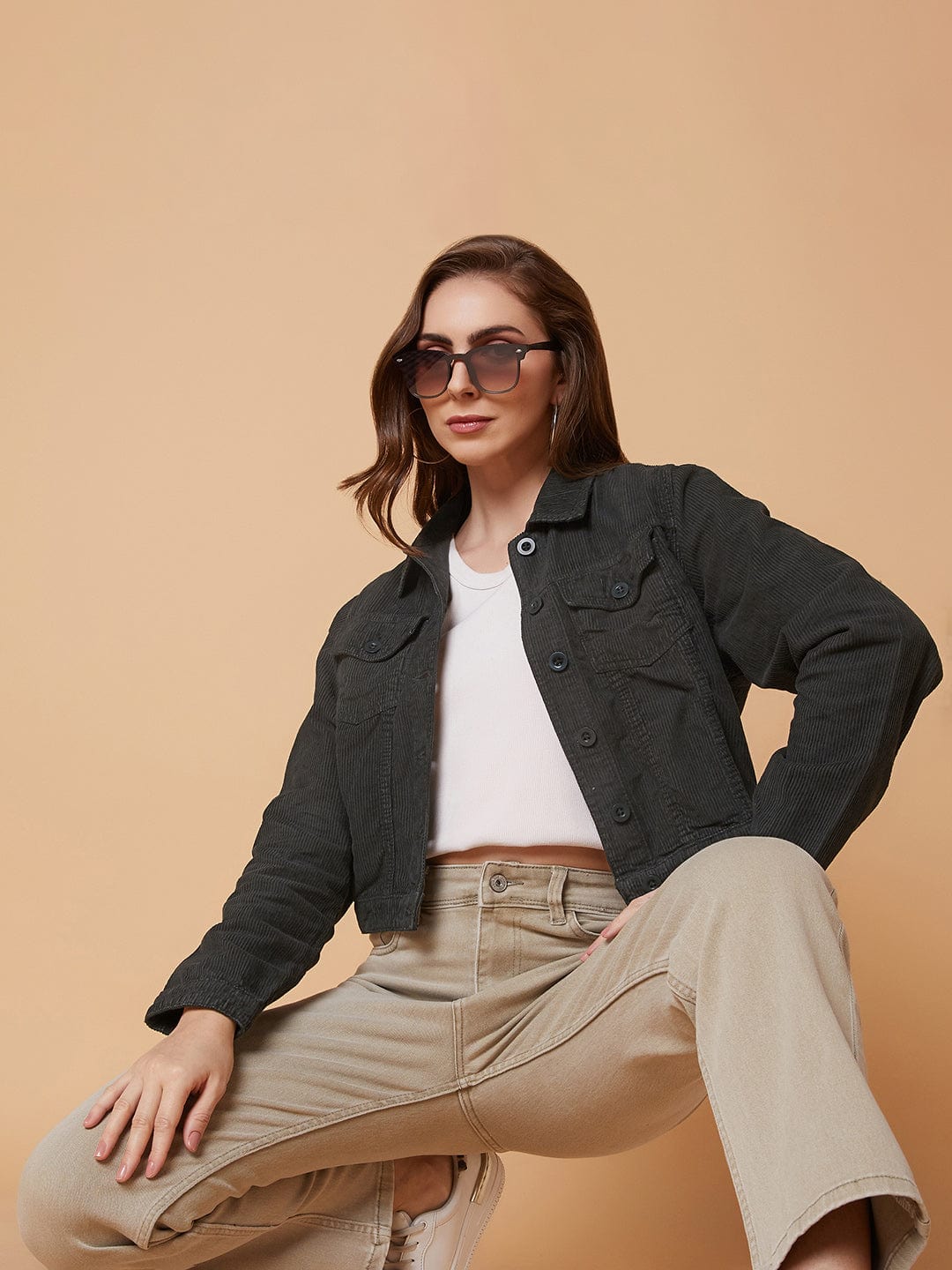Olive Striped Corduroy Windcheater Longline Tailored Jacket with Patchwork