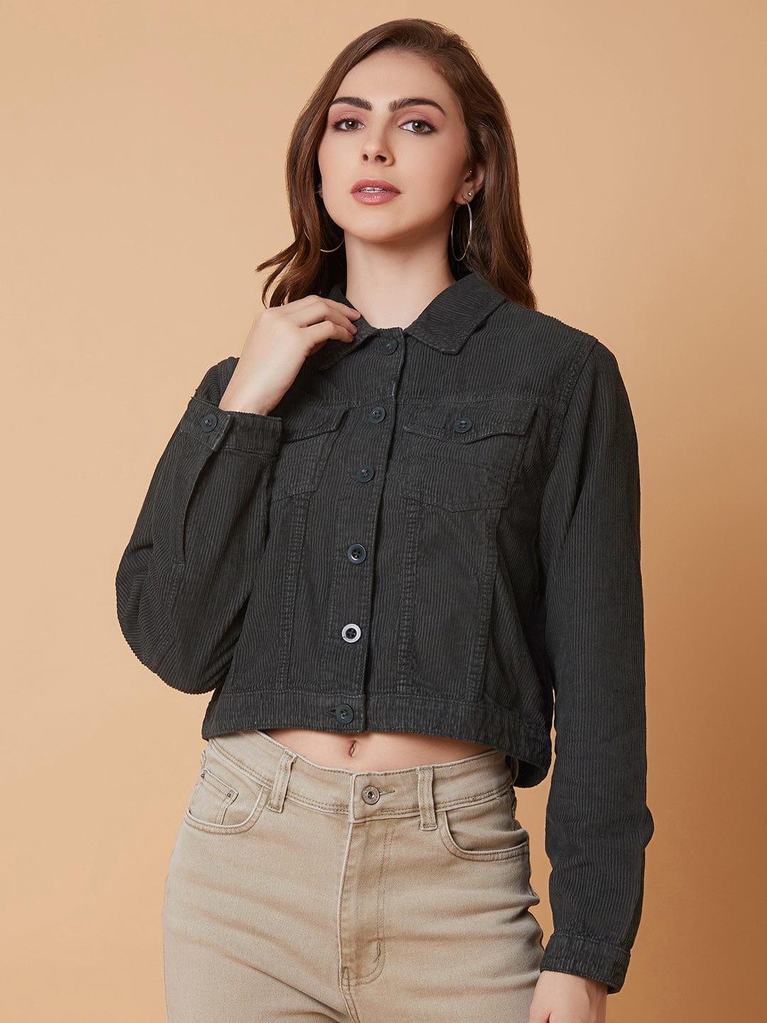 Olive Striped Corduroy Windcheater Longline Tailored Jacket with Patchwork