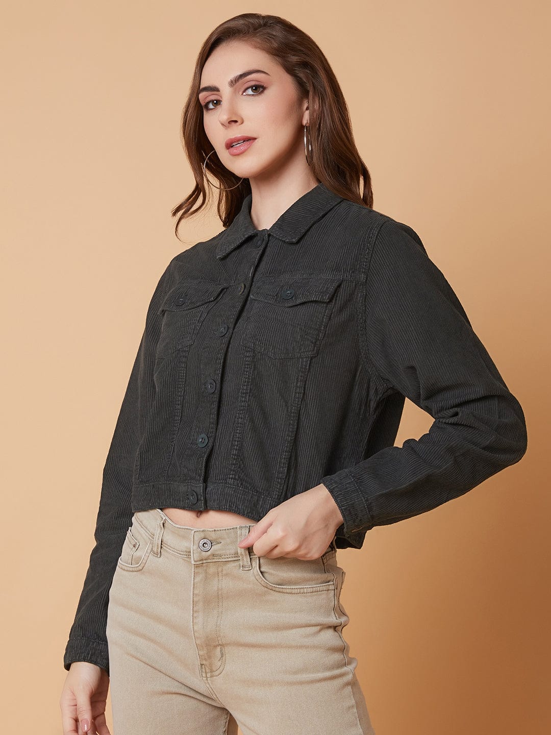 Olive Striped Corduroy Windcheater Longline Tailored Jacket with Patchwork