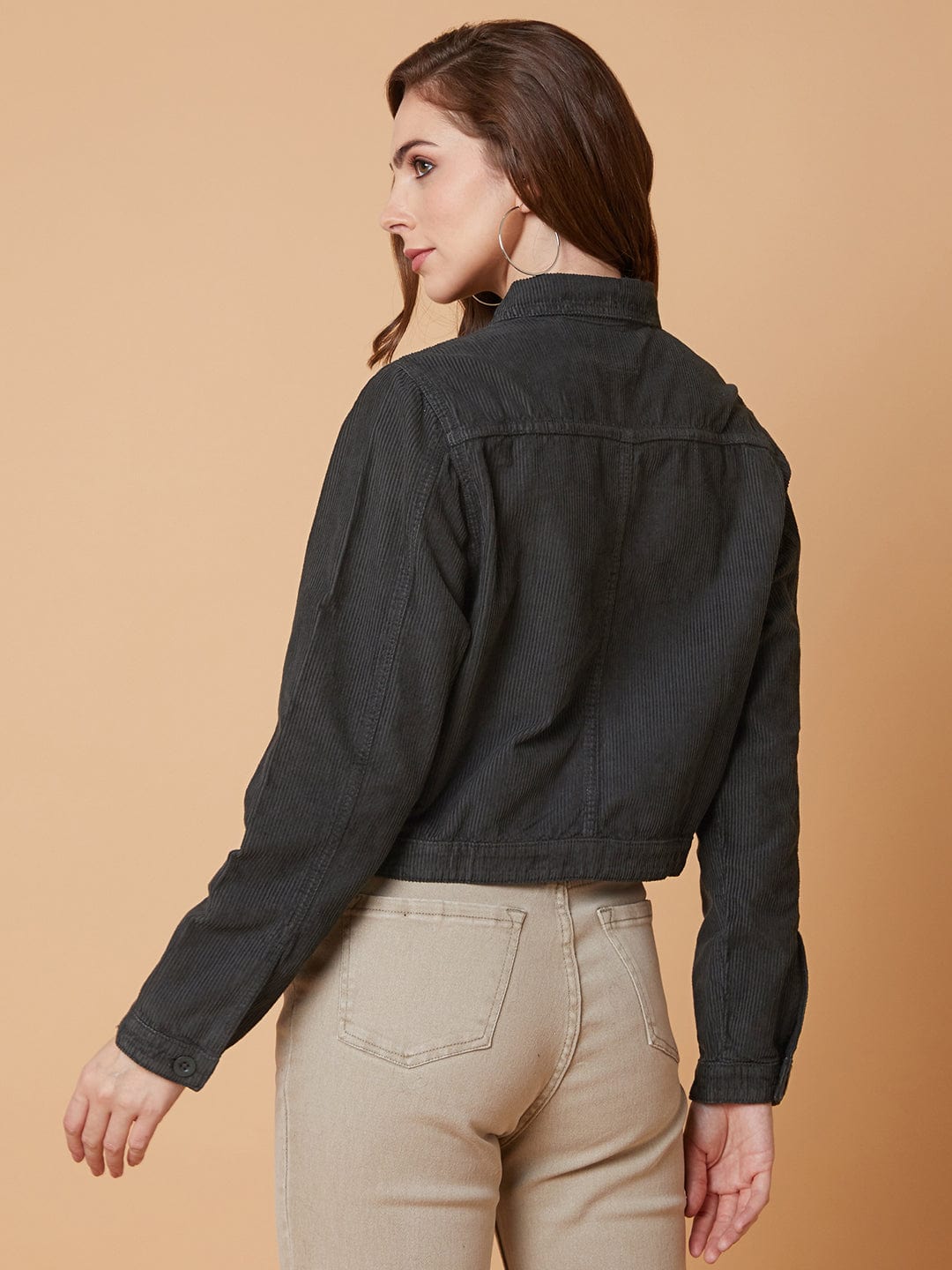 Olive Striped Corduroy Windcheater Longline Tailored Jacket with Patchwork