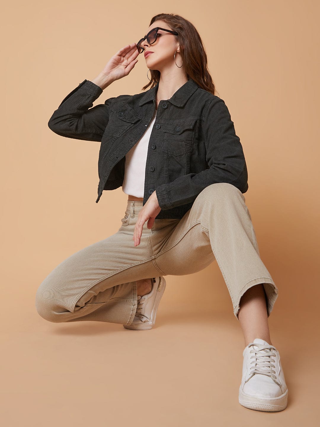 Olive Striped Corduroy Windcheater Longline Tailored Jacket with Patchwork