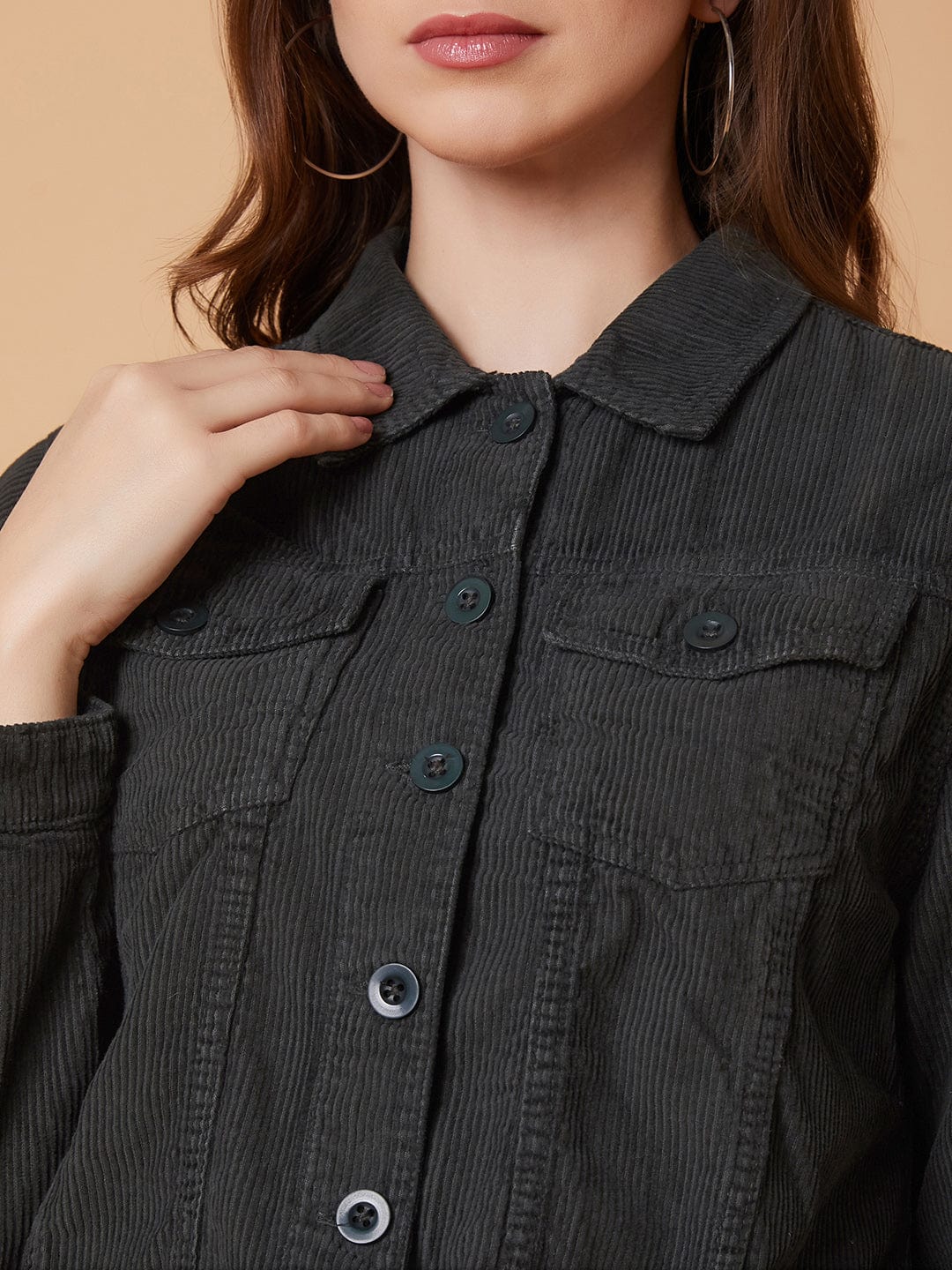 Olive Striped Corduroy Windcheater Longline Tailored Jacket with Patchwork