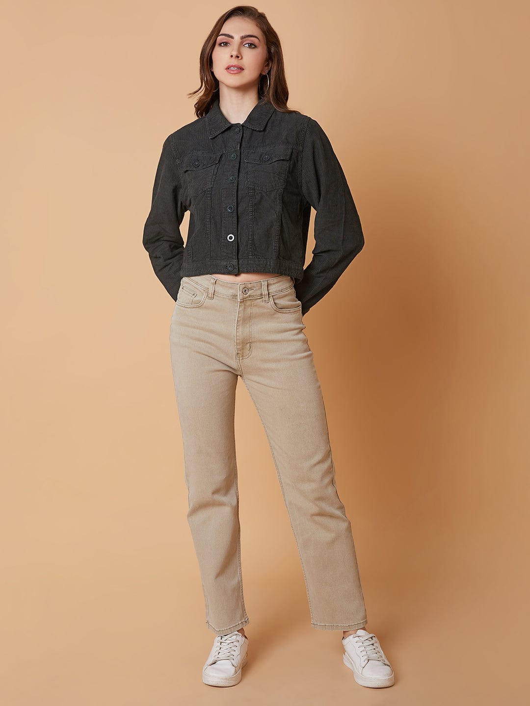 Olive Striped Corduroy Windcheater Longline Tailored Jacket with Patchwork