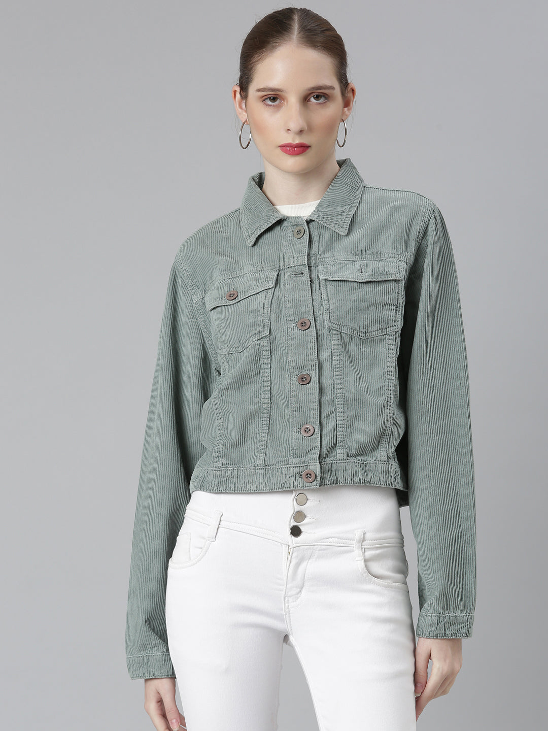 Sea Green Spread Collar Crop Corduroy Denim Jacket