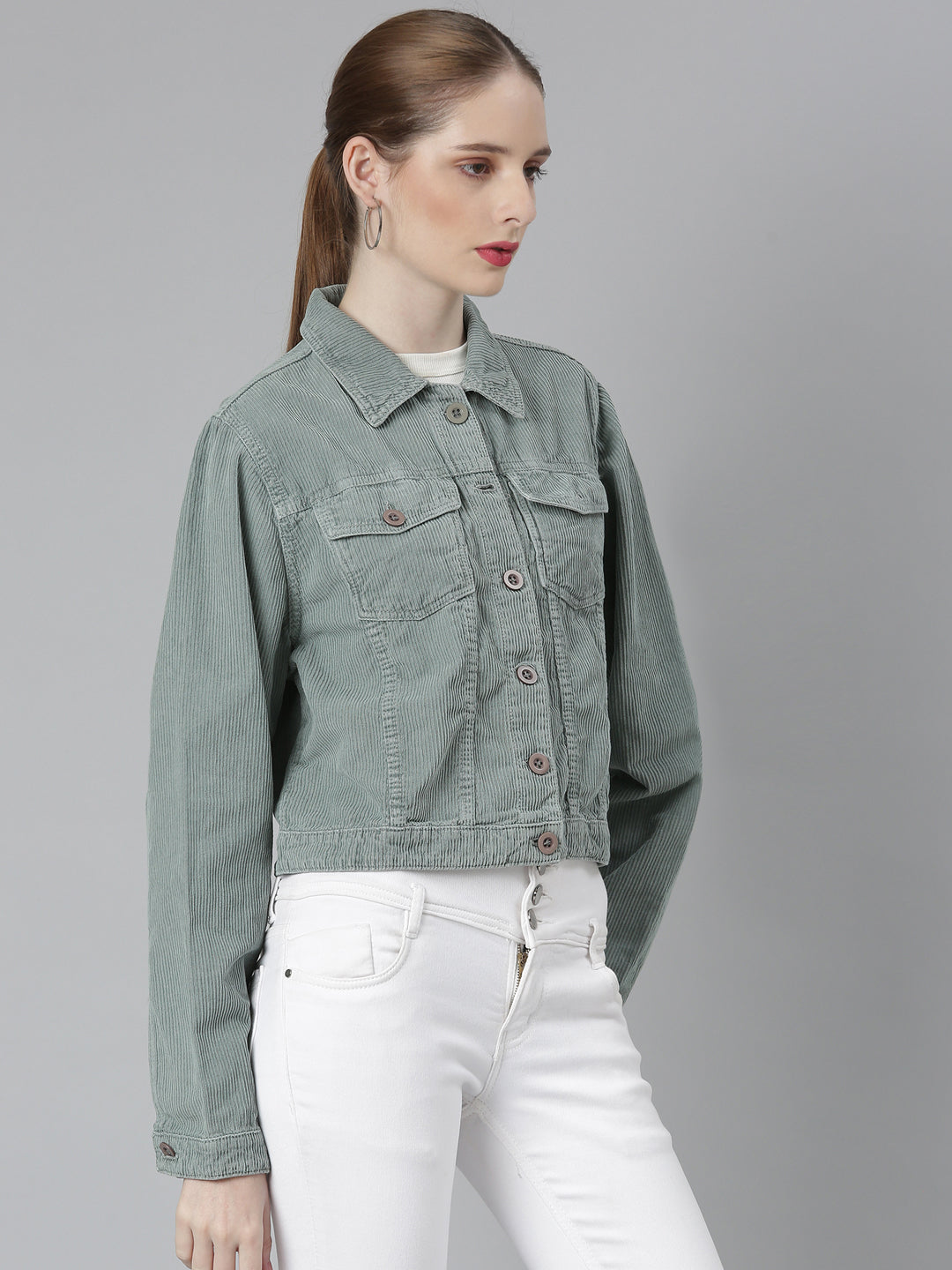Sea Green Spread Collar Crop Corduroy Denim Jacket