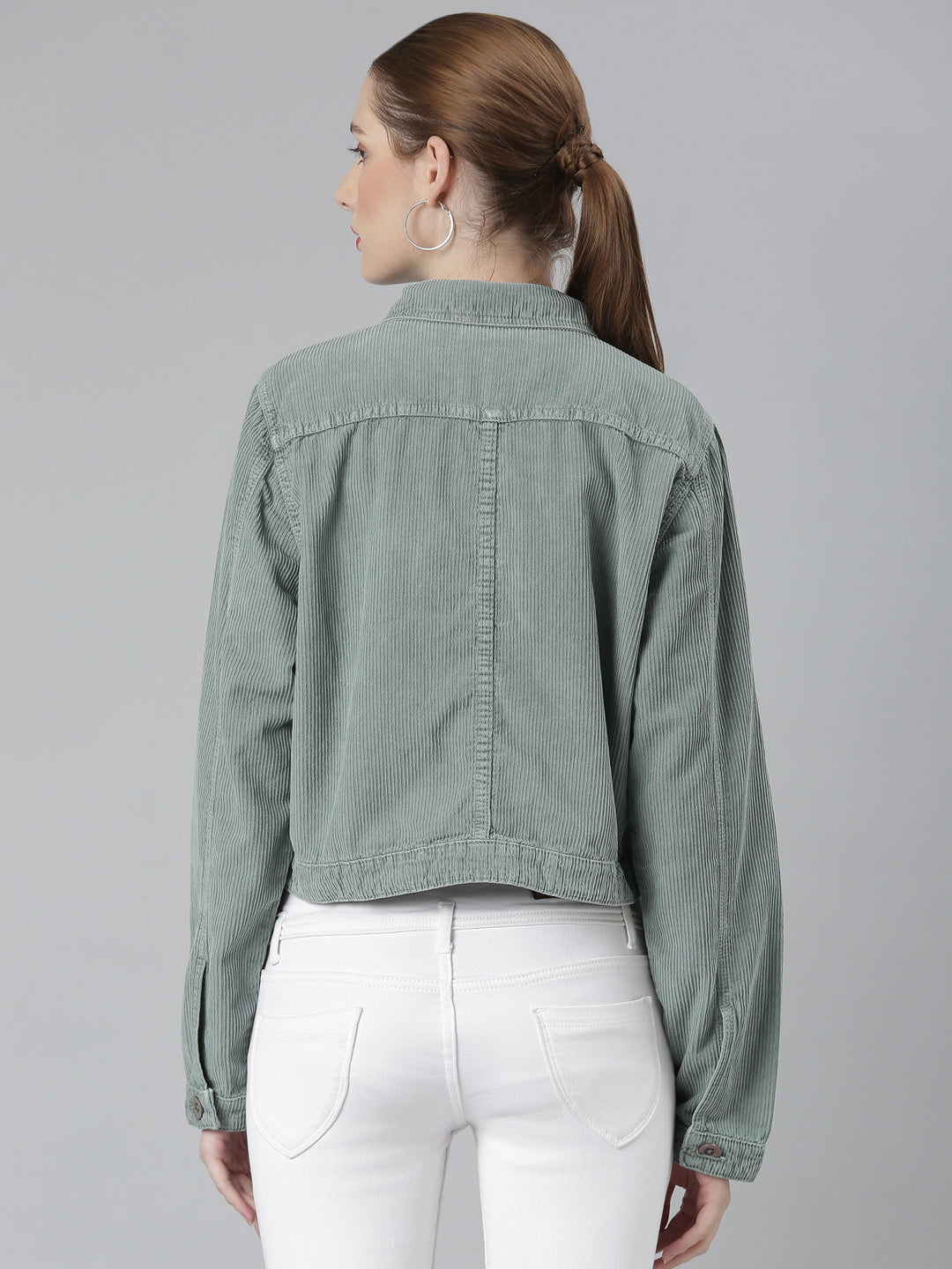 Sea Green Spread Collar Crop Corduroy Denim Jacket