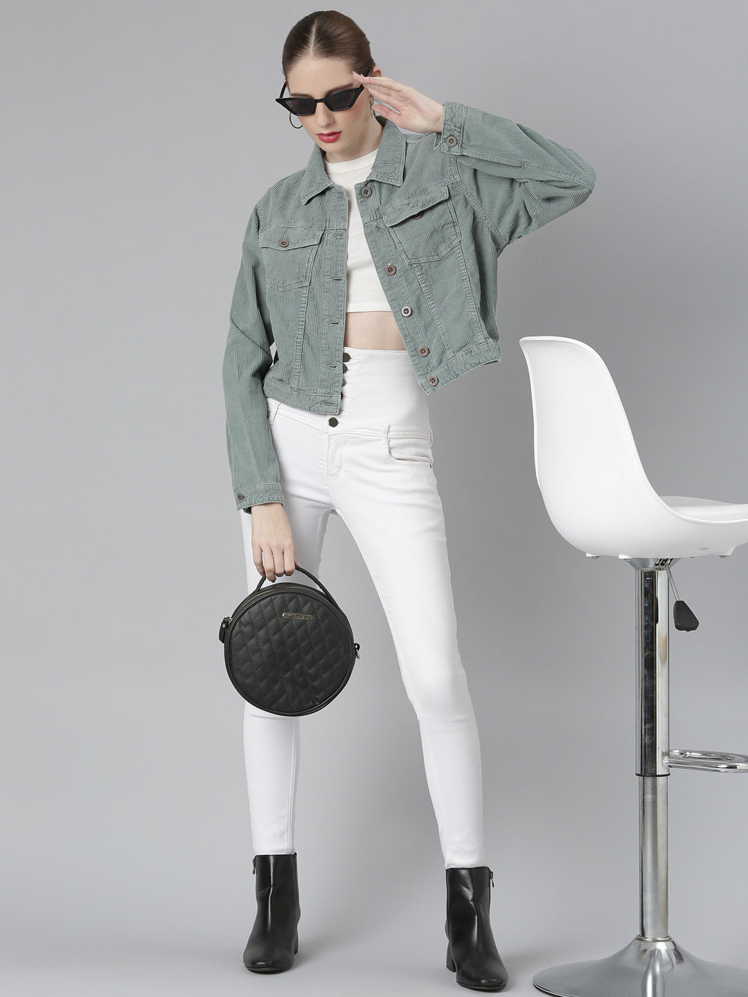 Sea Green Spread Collar Crop Corduroy Denim Jacket