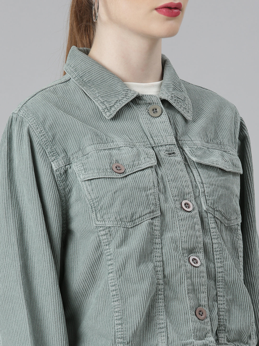 Sea Green Spread Collar Crop Corduroy Denim Jacket