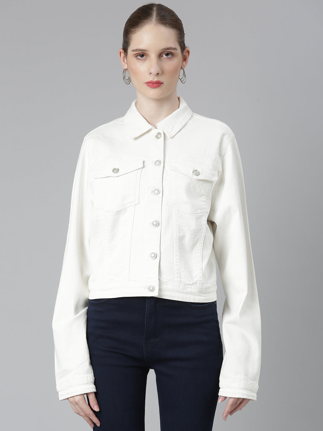 White Spread Collar Crop Denim Jacket