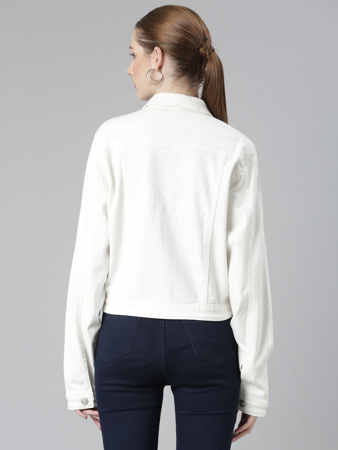 White Spread Collar Crop Denim Jacket