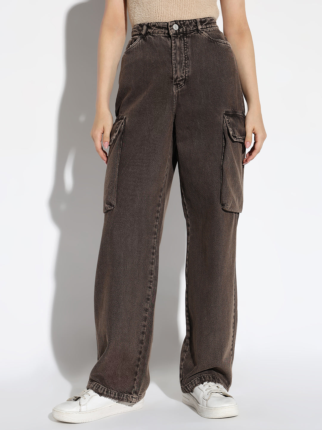 Brown Comfort Wide Leg Light Fade Cargo Jeans